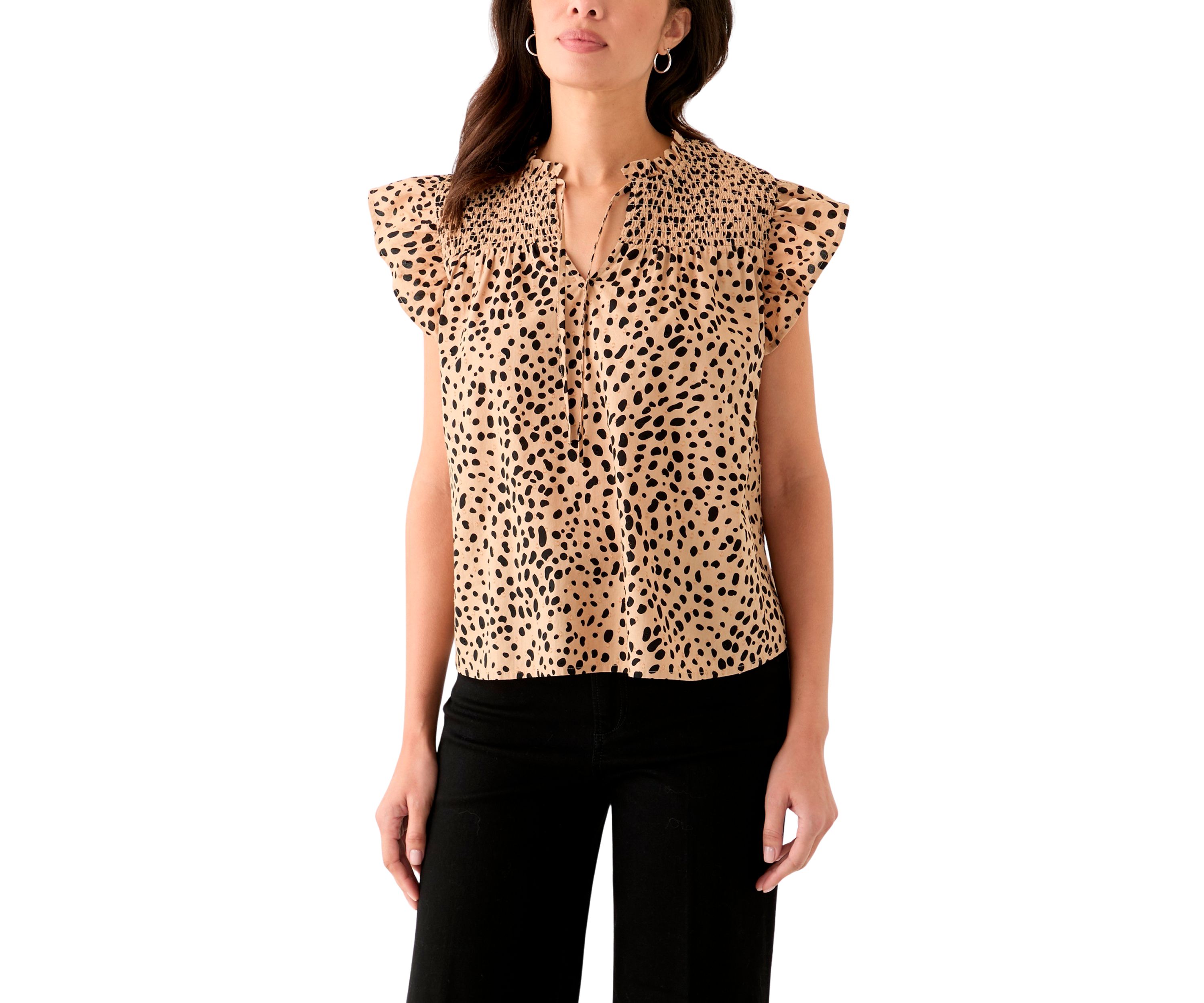 Womens Short Sleeve Split Neck Printed Top