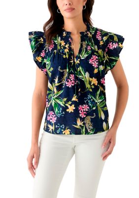 Crown & Ivy Women's Short Sleeve Split Neck Printed Top