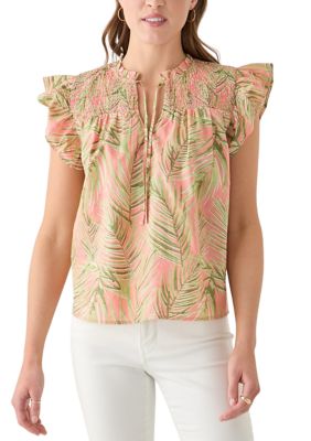 Crown & Ivy Women's Short Sleeve Split Neck Printed Top, Coral, XXL