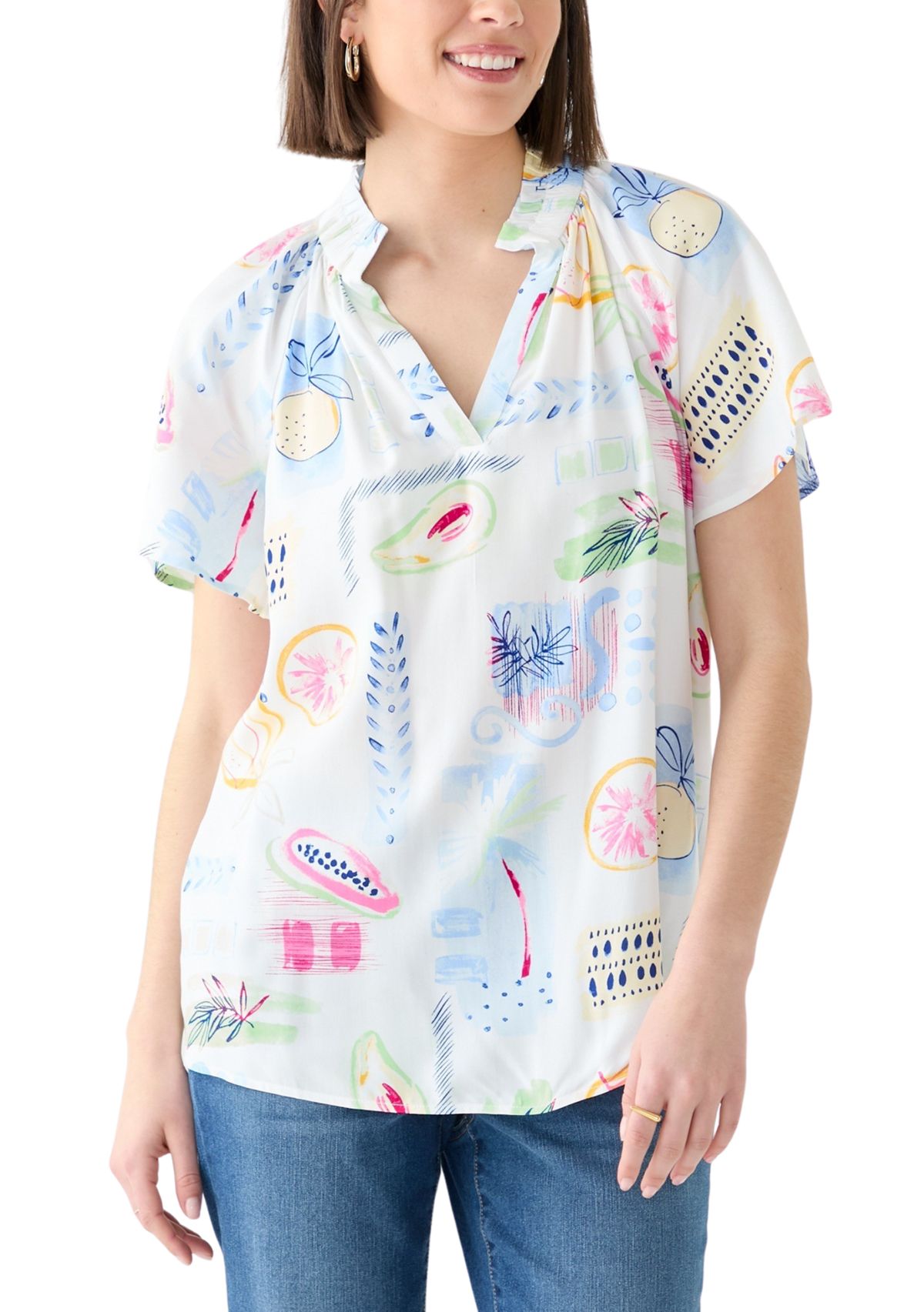 Womens Short Flutter Sleeve Printed Peasant Top