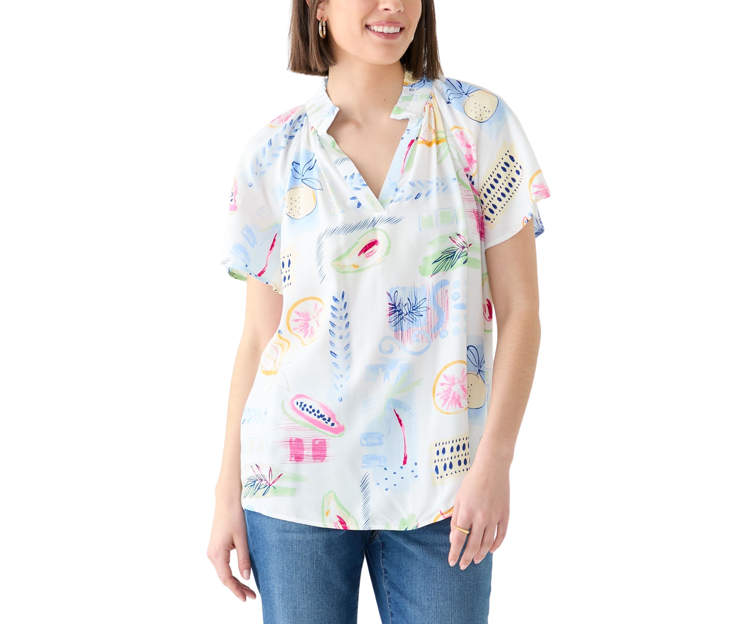 Womens Short Flutter Sleeve Printed Peasant Top