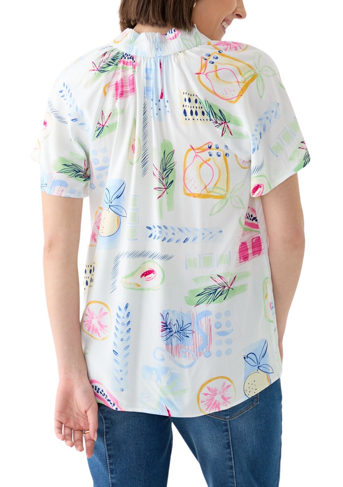 Womens Short Flutter Sleeve Printed Peasant Top