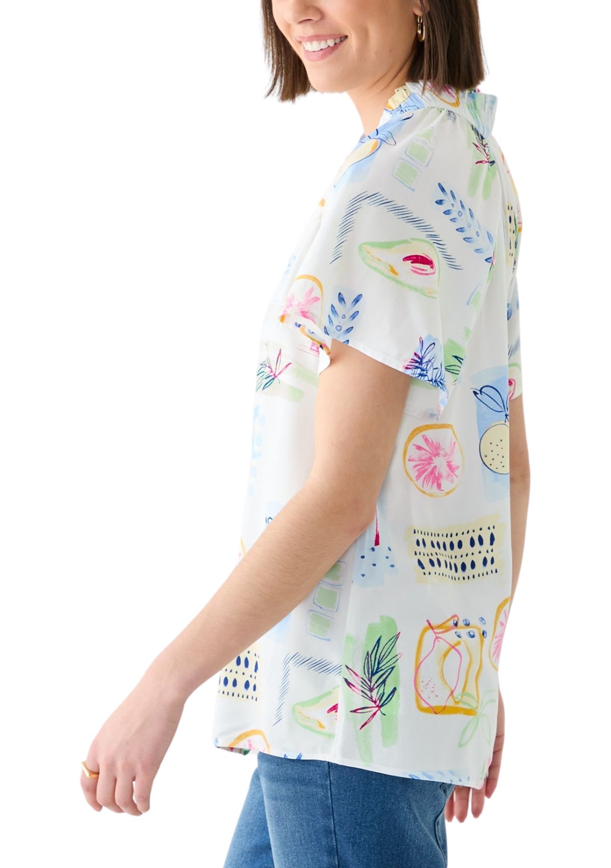 Womens Short Flutter Sleeve Printed Peasant Top