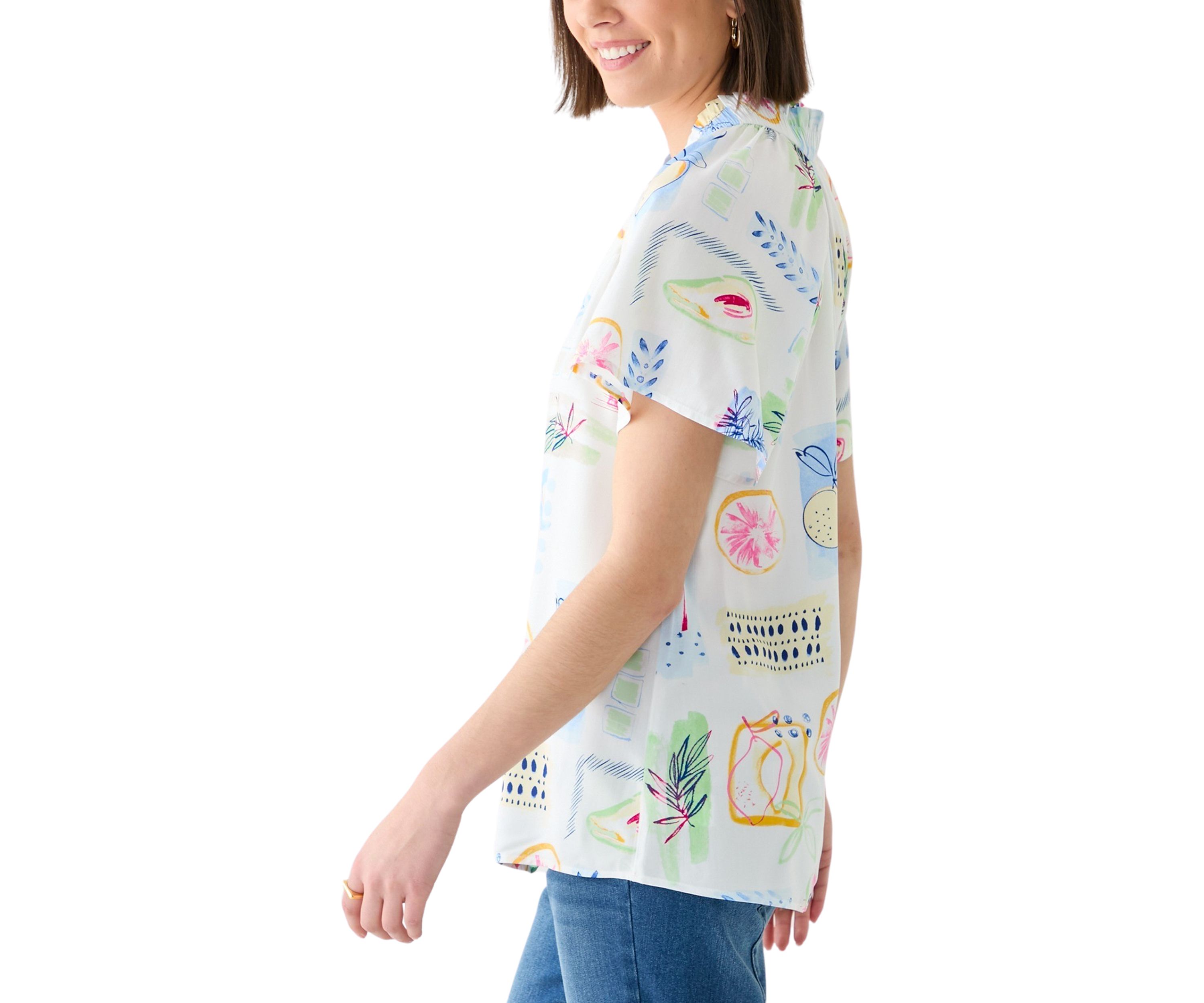 Womens Short Flutter Sleeve Printed Peasant Top