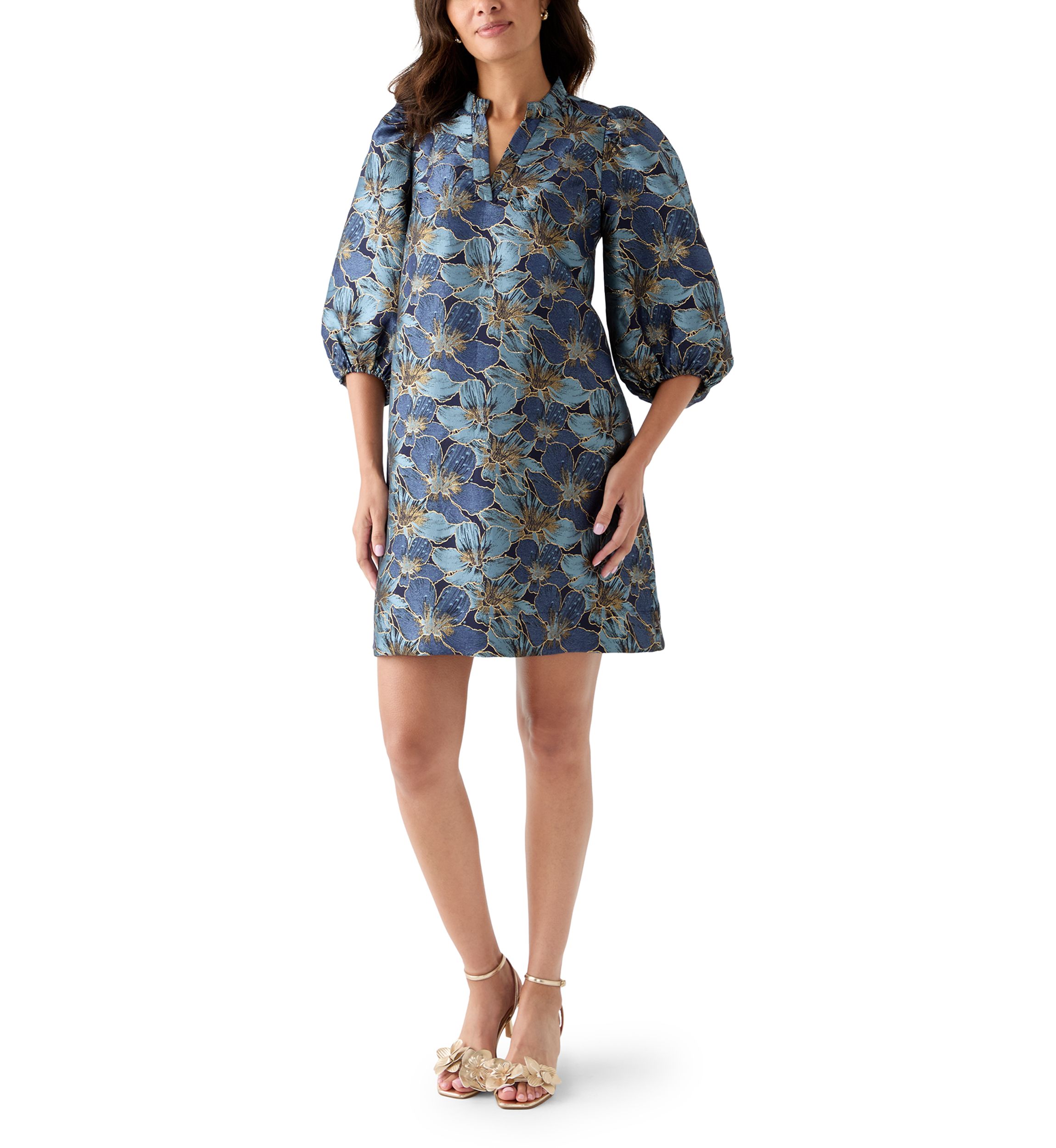 Womens 3/4 Puff Sleeve Jacquard Dress