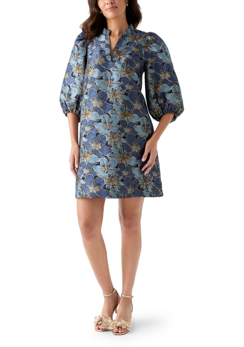 Womens 3/4 Puff Sleeve Jacquard Dress