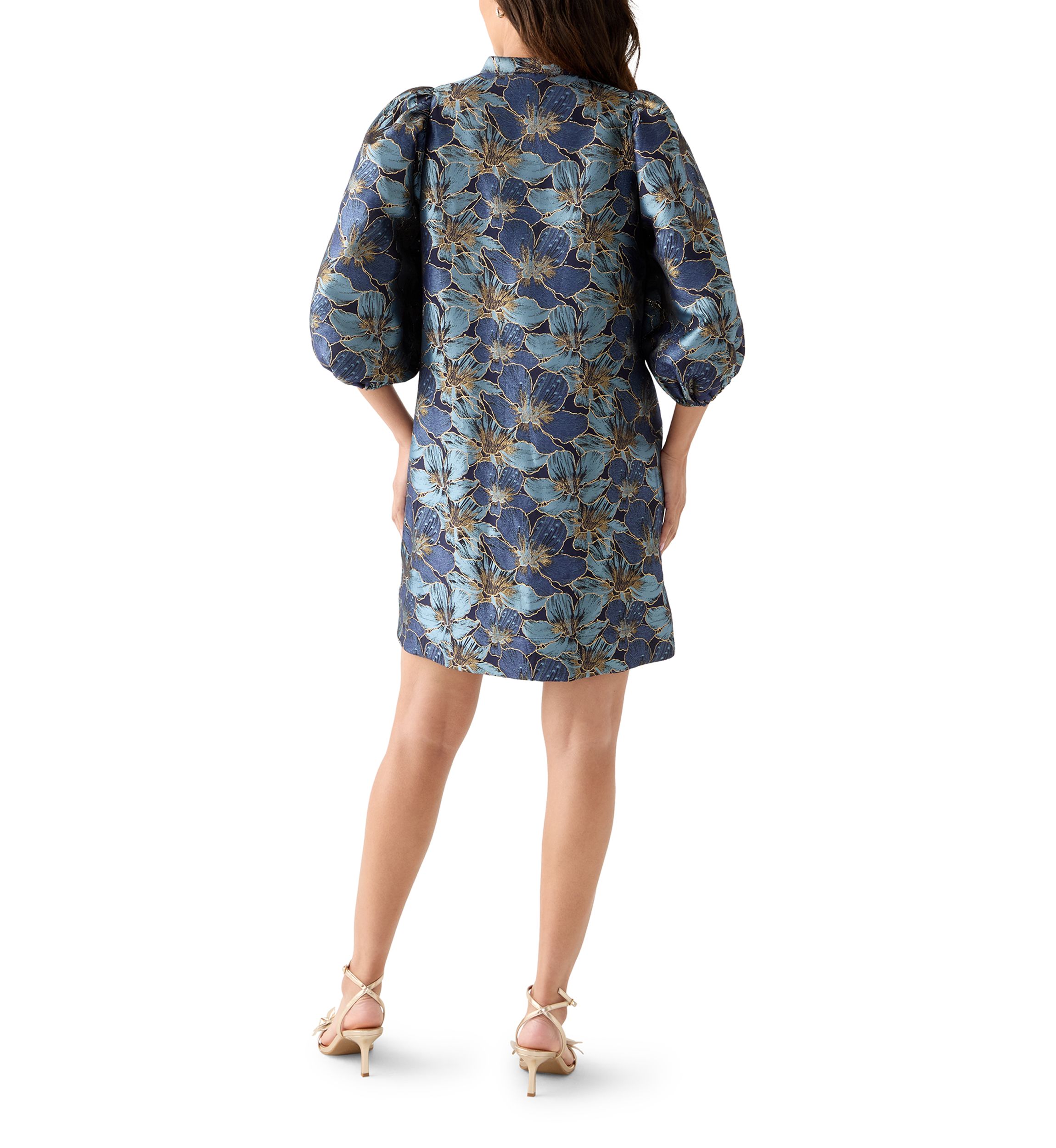 Womens 3/4 Puff Sleeve Jacquard Dress