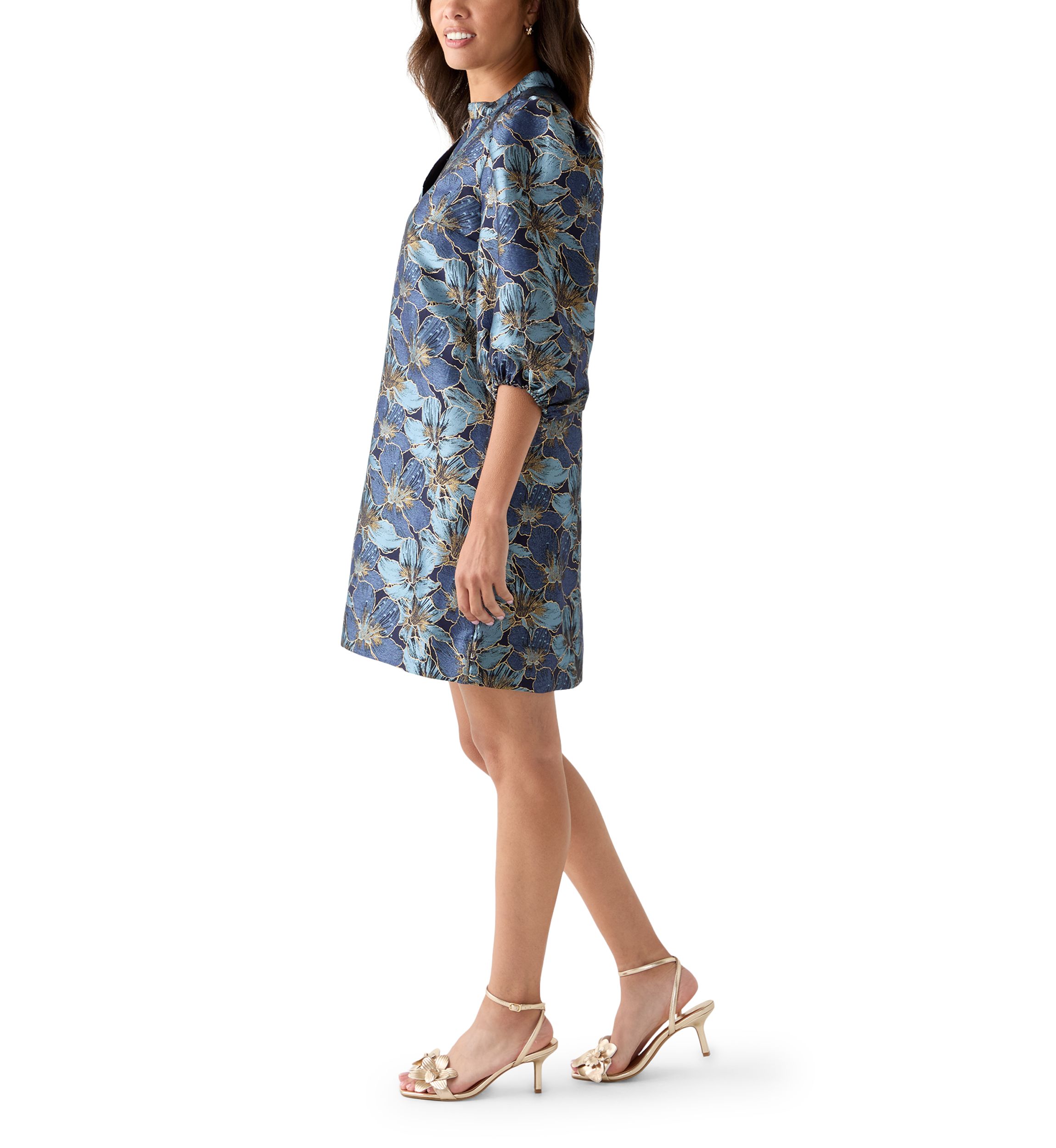 Womens 3/4 Puff Sleeve Jacquard Dress