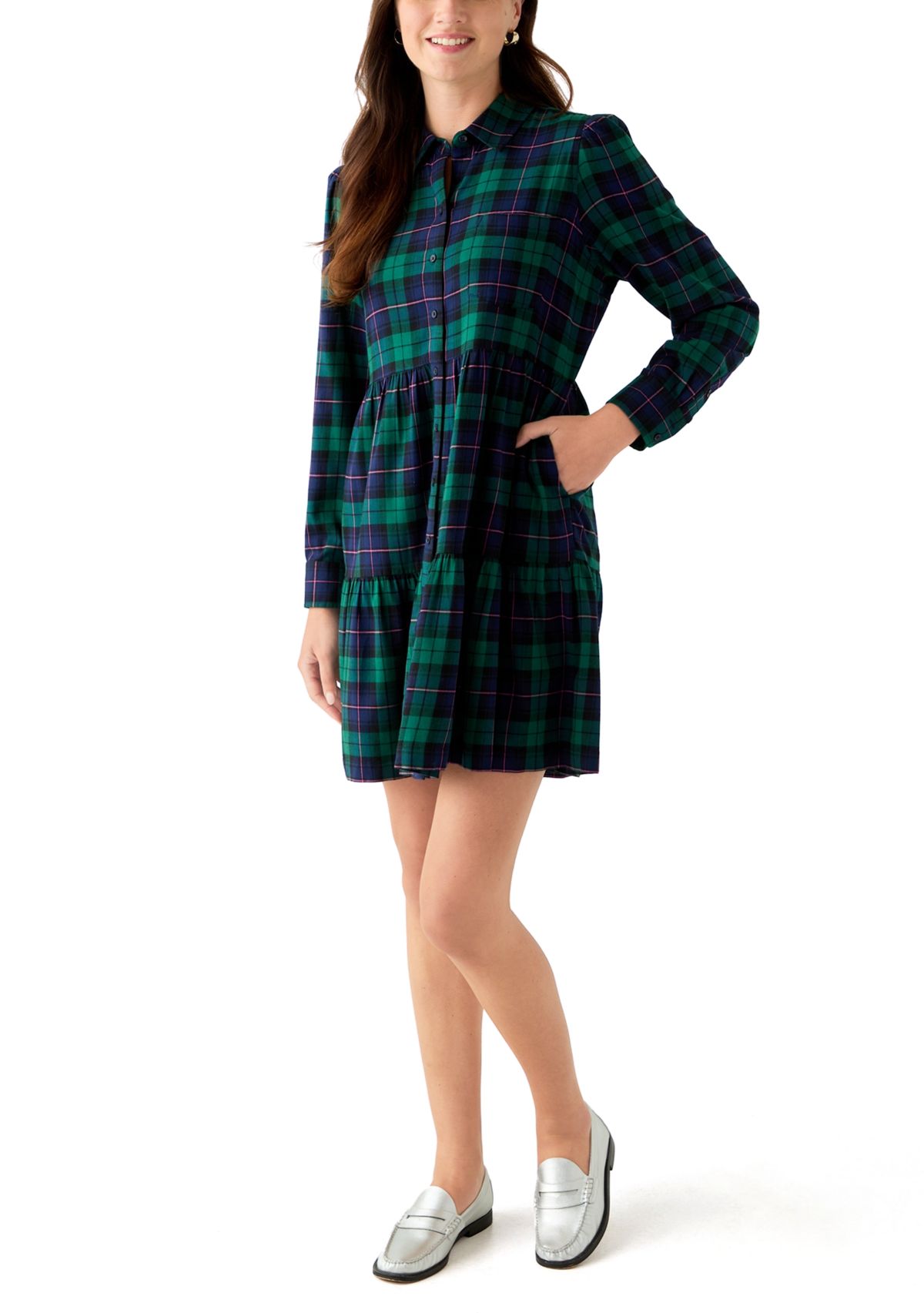 Womens Long Sleeve Plaid Boyfriend Dress