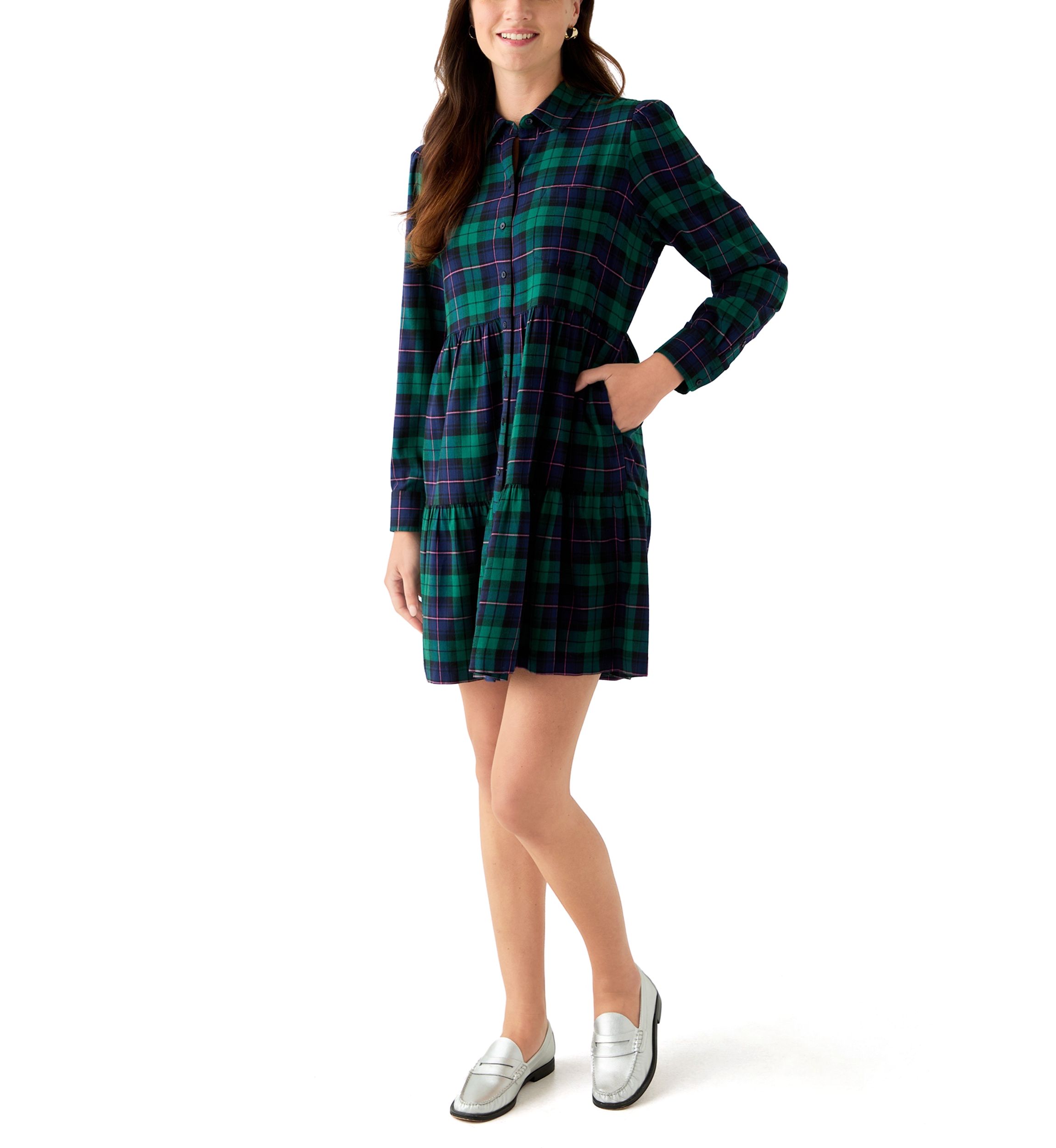 Womens Long Sleeve Plaid Boyfriend Dress