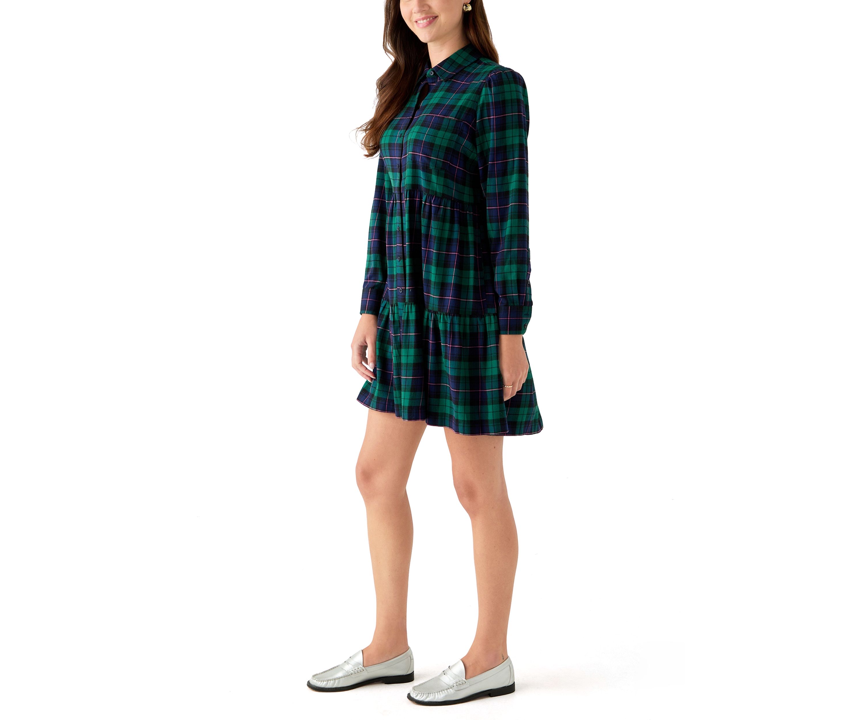 Womens Long Sleeve Plaid Boyfriend Dress