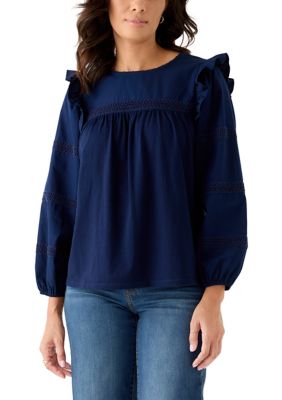 Crown & Ivy Women's Long Sleeve Crochet Solid Trim Top, Navy Blue, XS