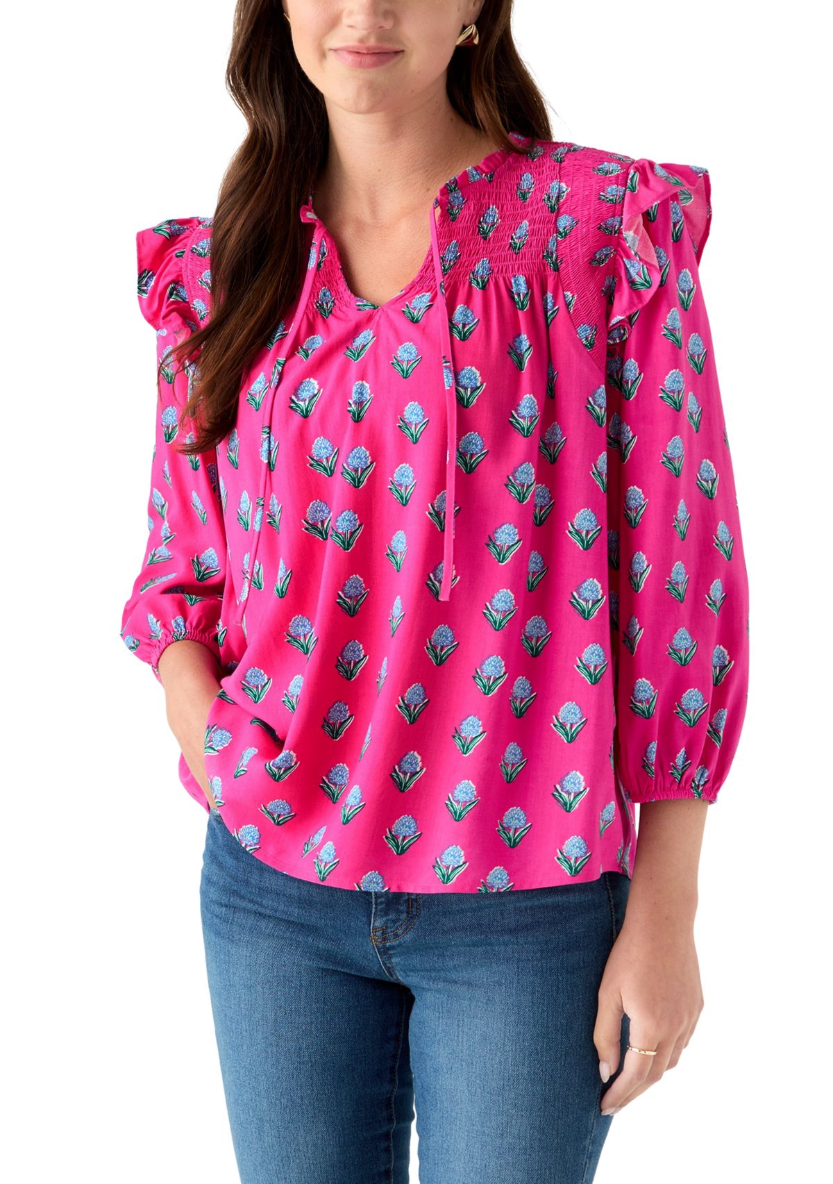 Womens 3/4 Ruffle Sleeve Smocked Split Neck Printed Top