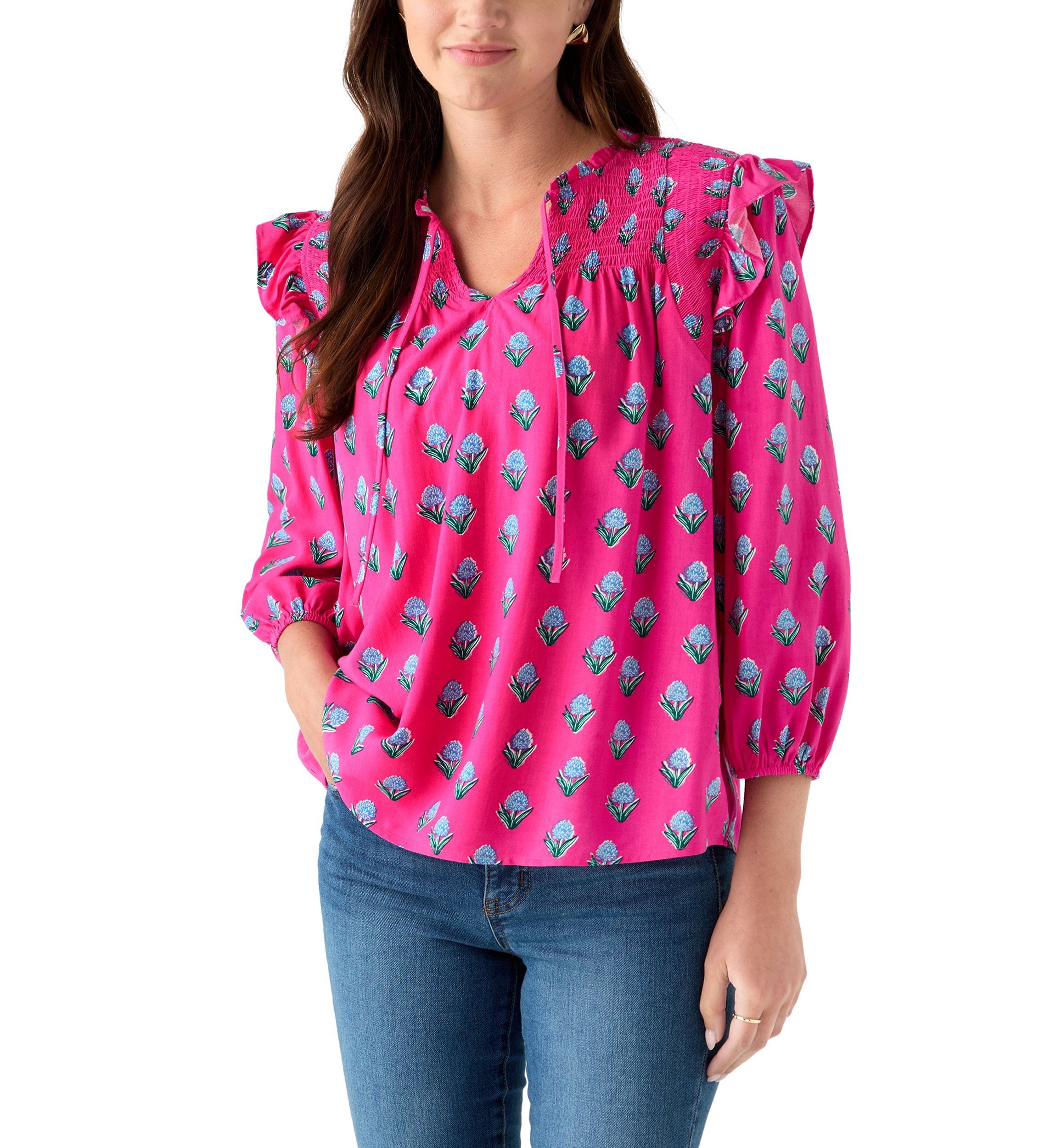 Womens 3/4 Ruffle Sleeve Smocked Split Neck Printed Top