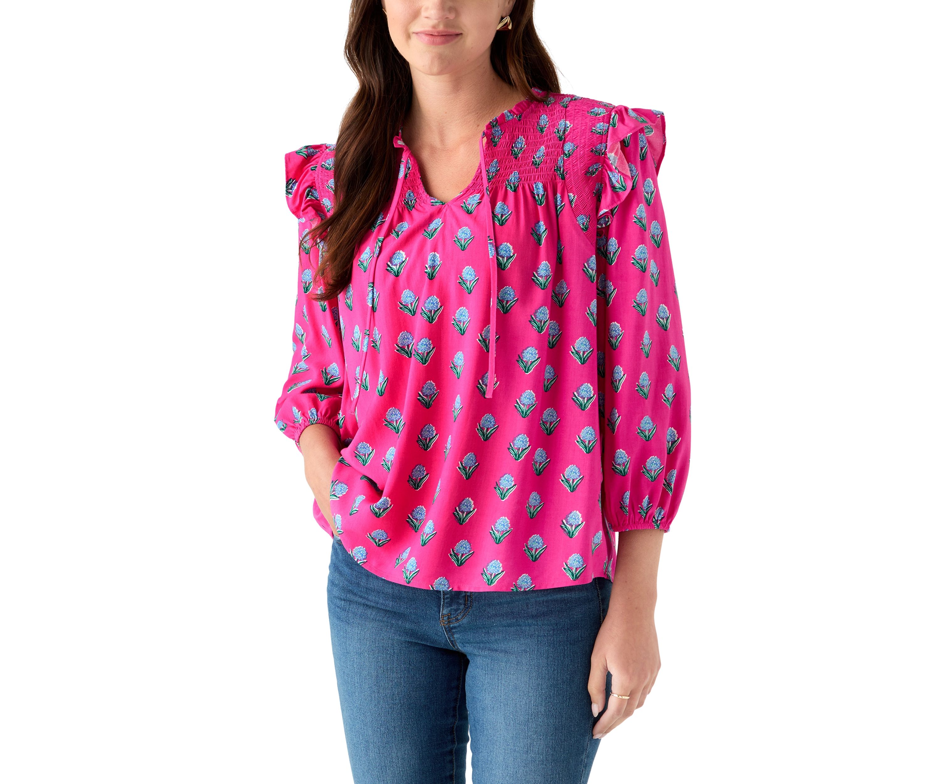 Womens 3/4 Ruffle Sleeve Smocked Split Neck Printed Top