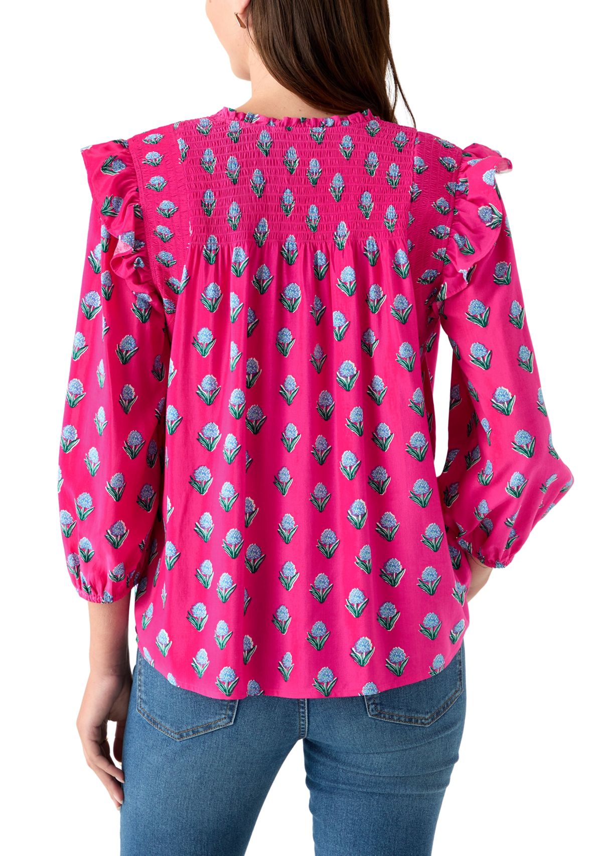 Womens 3/4 Ruffle Sleeve Smocked Split Neck Printed Top