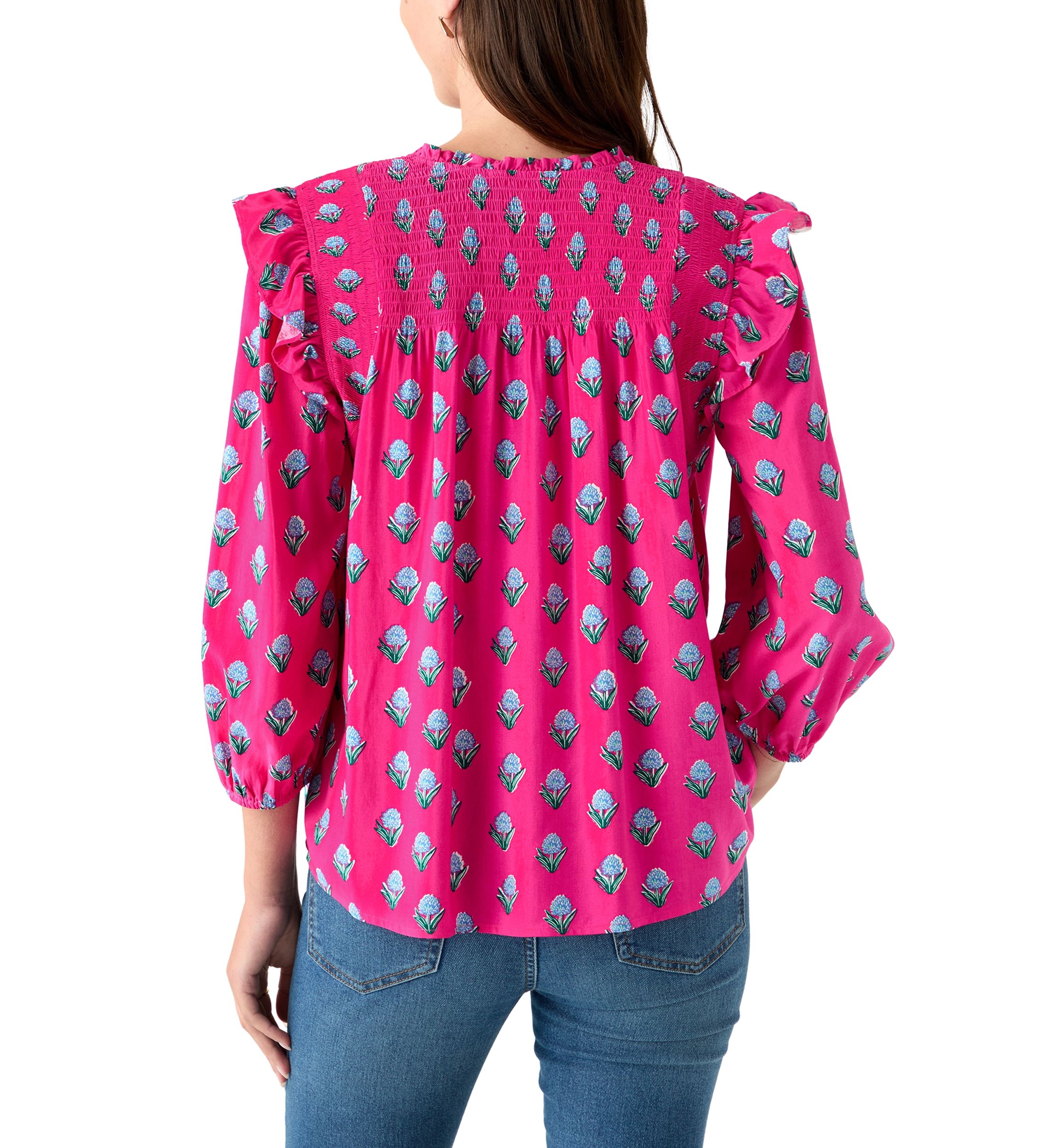 Womens 3/4 Ruffle Sleeve Smocked Split Neck Printed Top