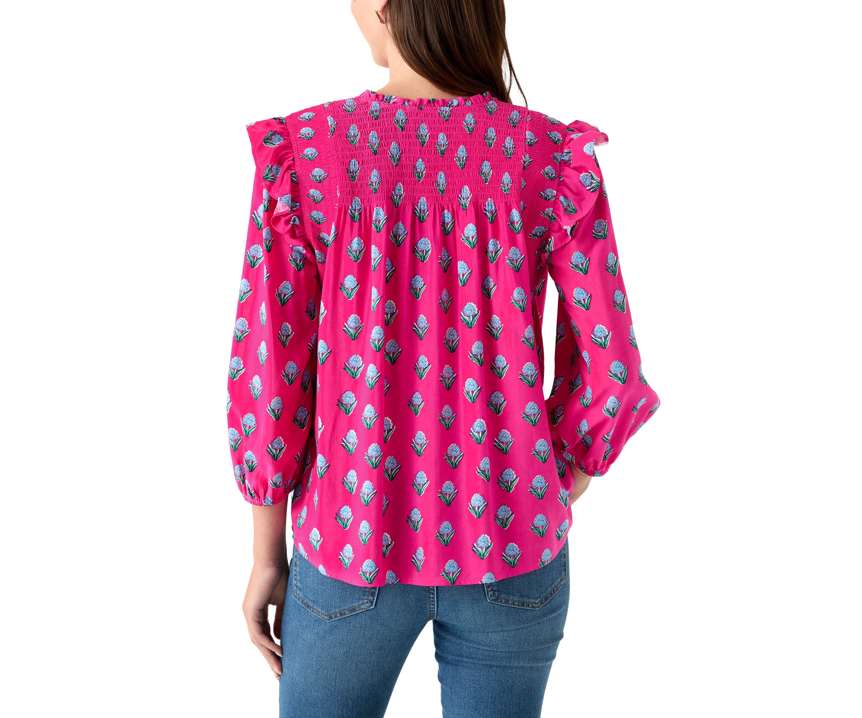 Womens 3/4 Ruffle Sleeve Smocked Split Neck Printed Top