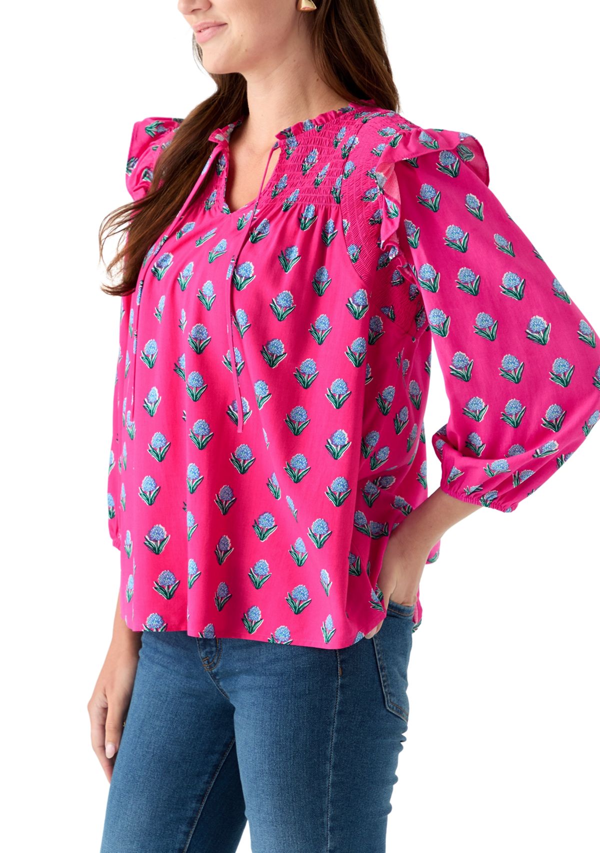 Womens 3/4 Ruffle Sleeve Smocked Split Neck Printed Top