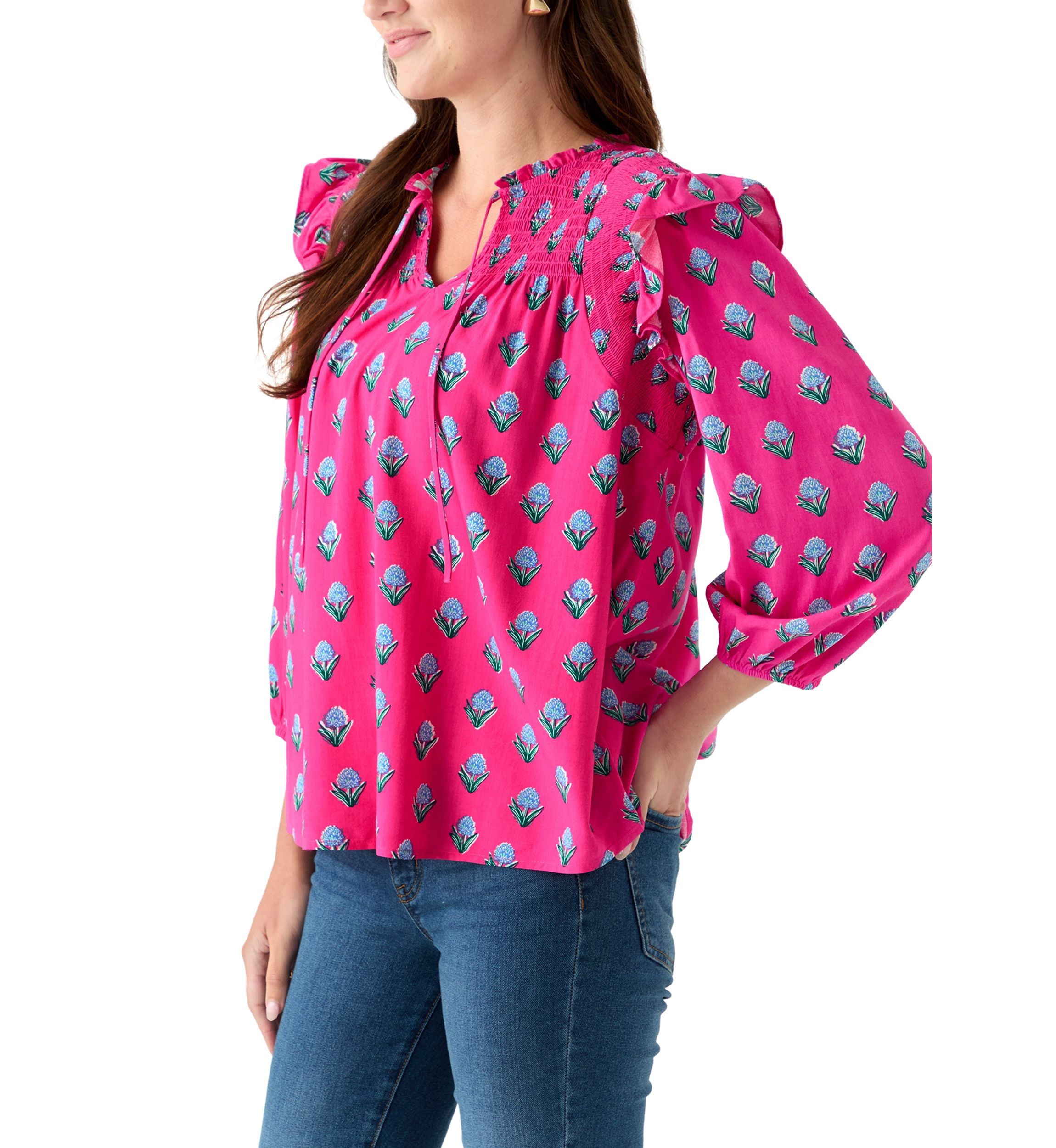 Womens 3/4 Ruffle Sleeve Smocked Split Neck Printed Top