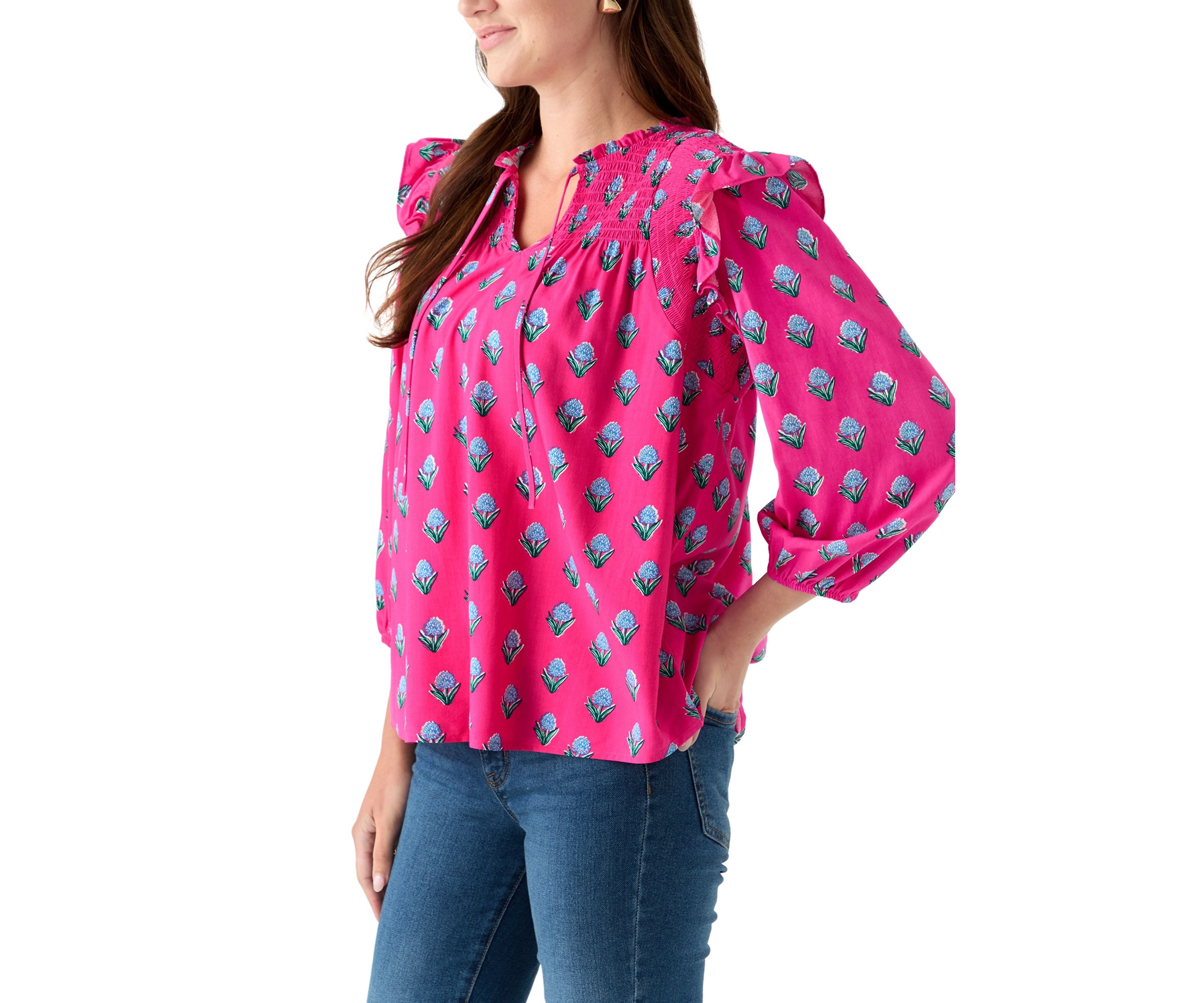 Womens 3/4 Ruffle Sleeve Smocked Split Neck Printed Top
