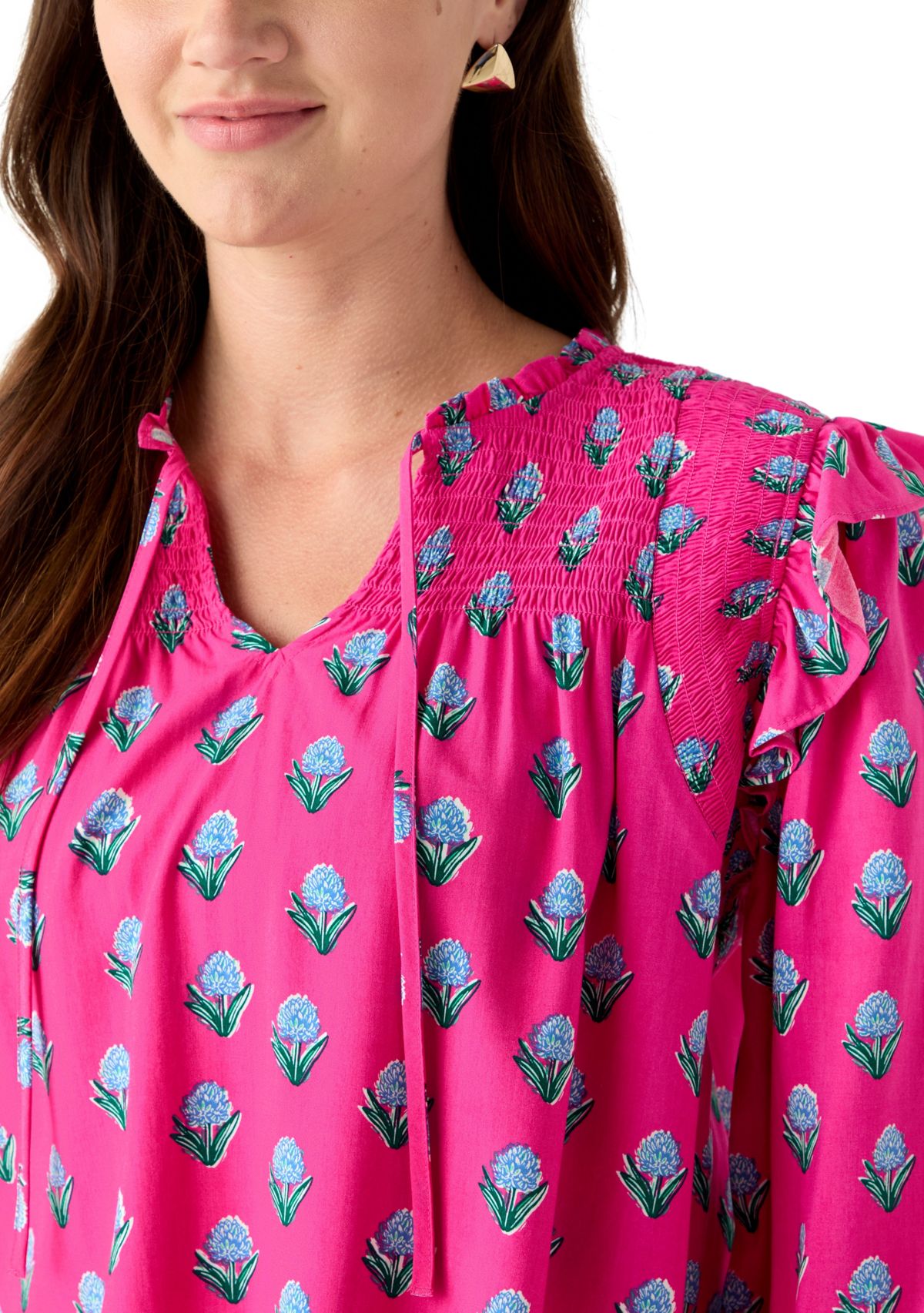 Womens 3/4 Ruffle Sleeve Smocked Split Neck Printed Top