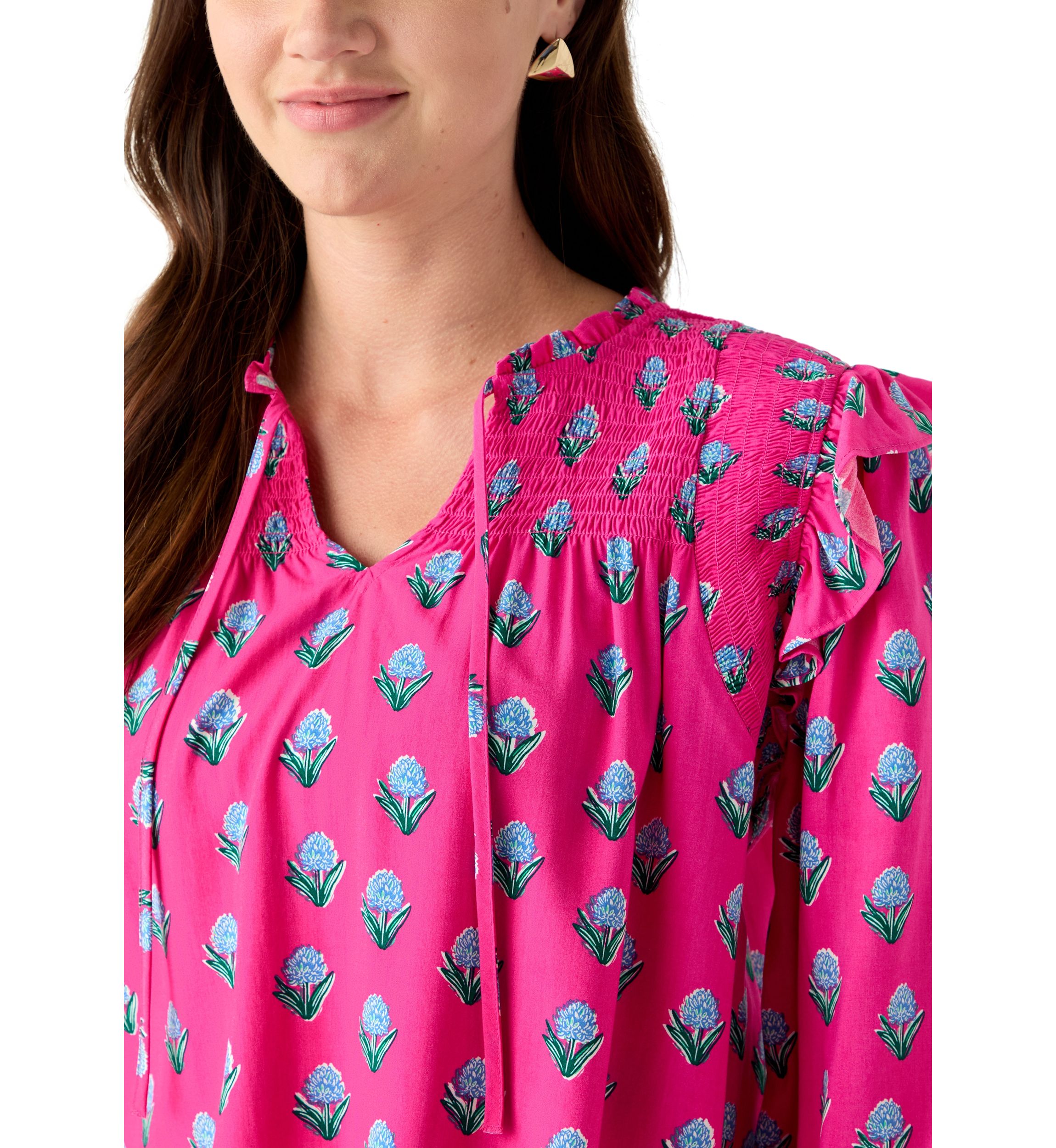 Womens 3/4 Ruffle Sleeve Smocked Split Neck Printed Top