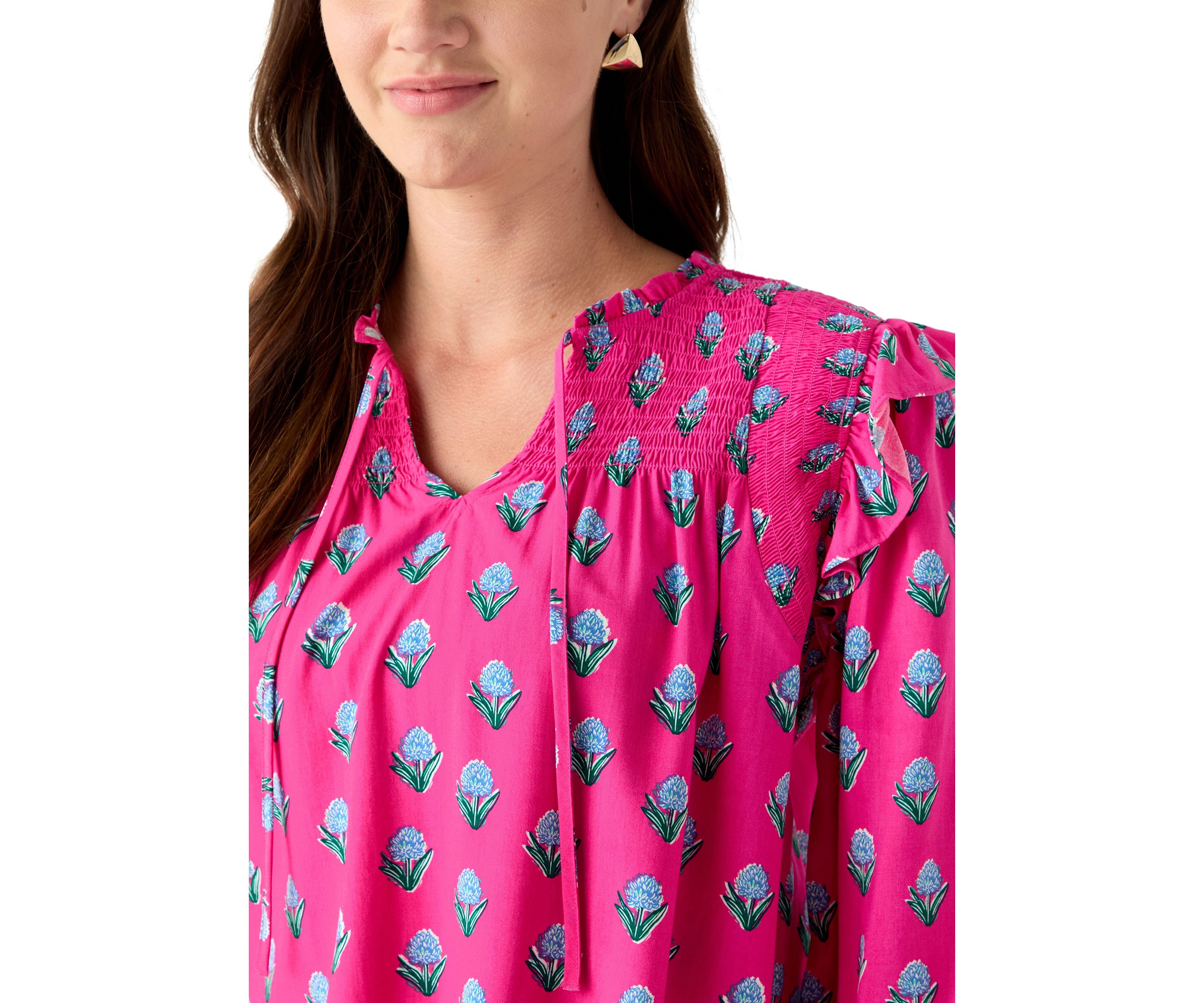 Womens 3/4 Ruffle Sleeve Smocked Split Neck Printed Top