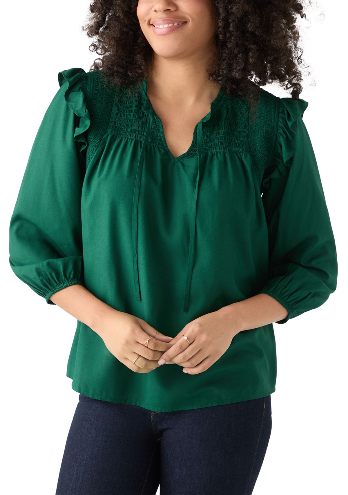 Womens 3/4 Ruffle Sleeve Smocked Split Neck Top