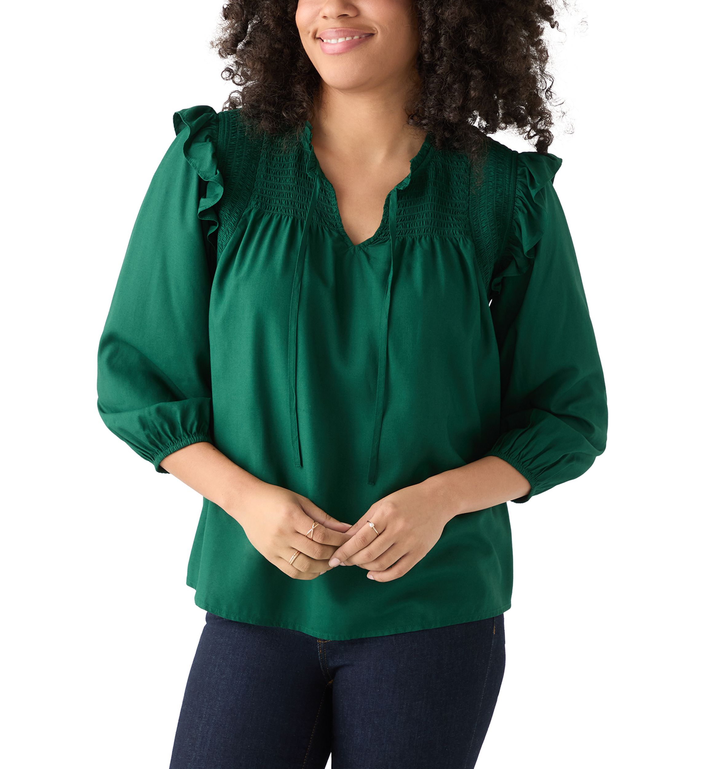 Womens 3/4 Ruffle Sleeve Smocked Split Neck Top
