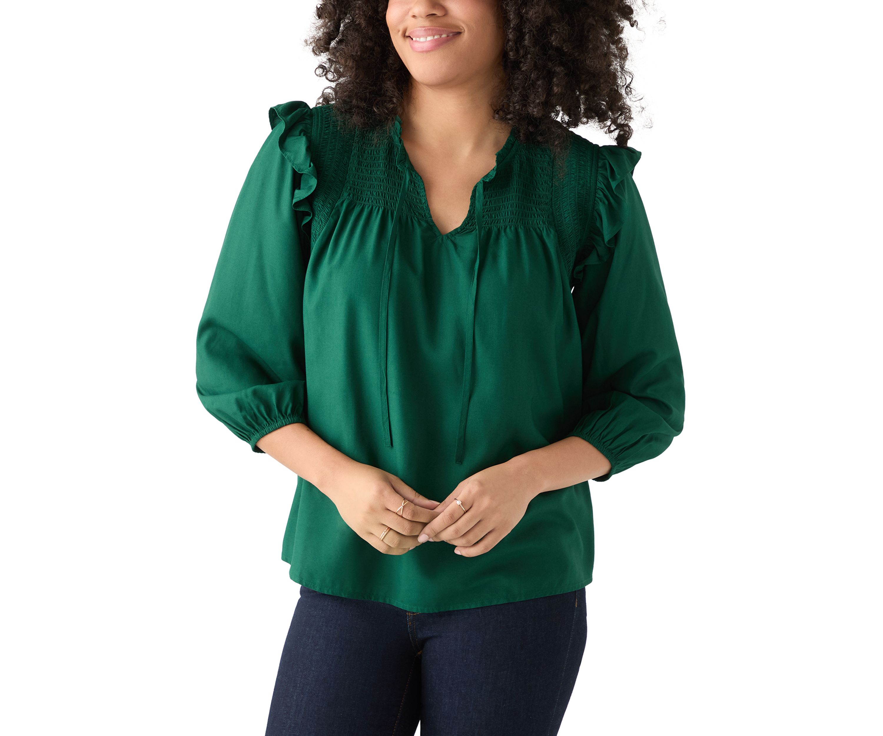 Womens 3/4 Ruffle Sleeve Smocked Split Neck Top