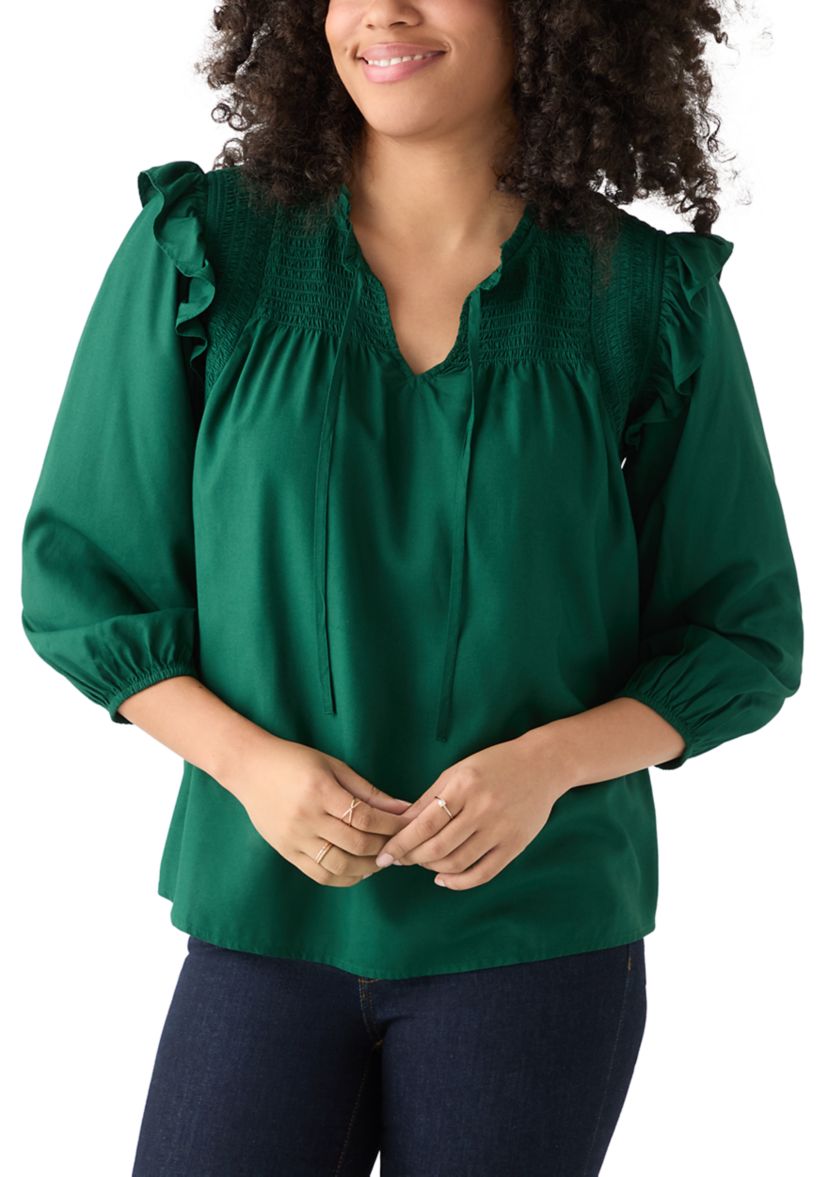 Womens 3/4 Ruffle Sleeve Smocked Split Neck Top