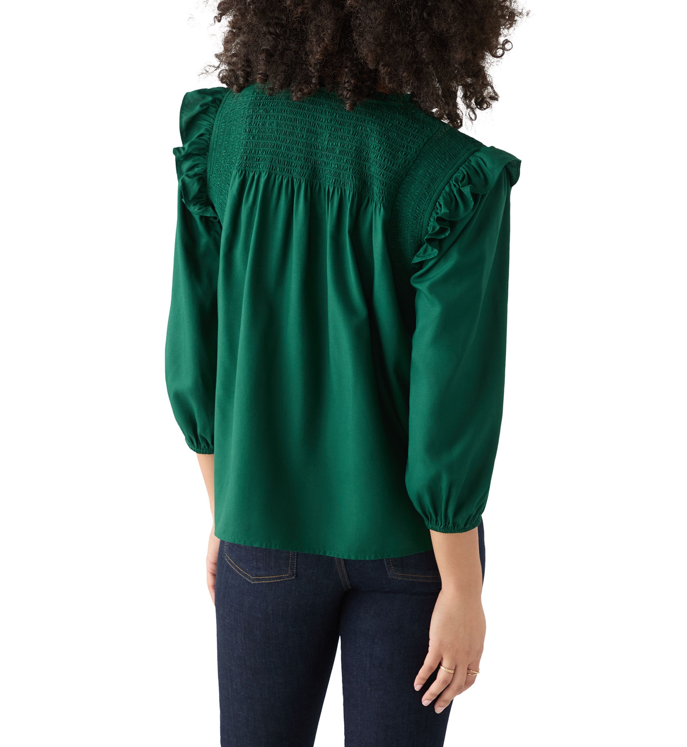 Womens 3/4 Ruffle Sleeve Smocked Split Neck Top