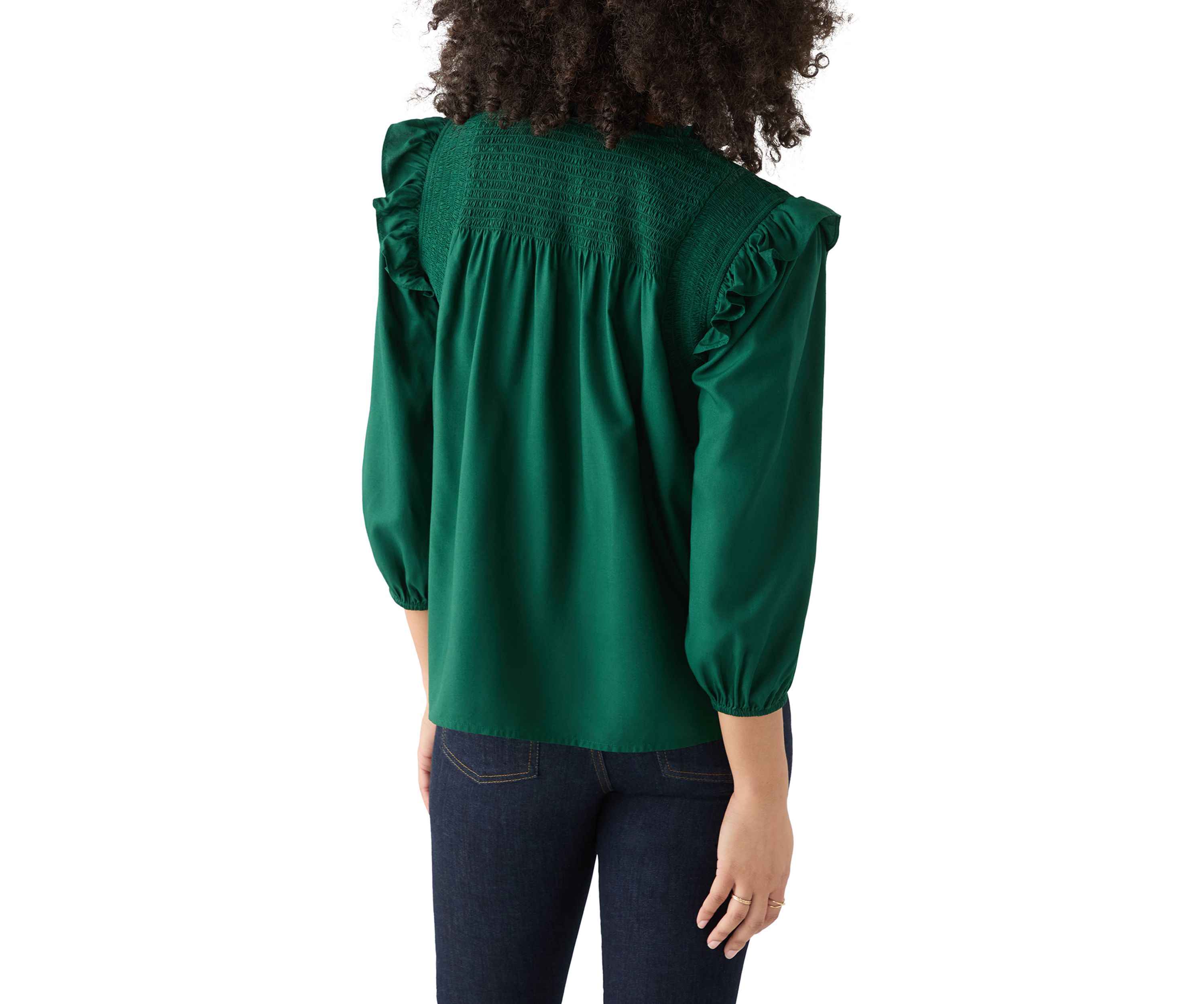 Womens 3/4 Ruffle Sleeve Smocked Split Neck Top