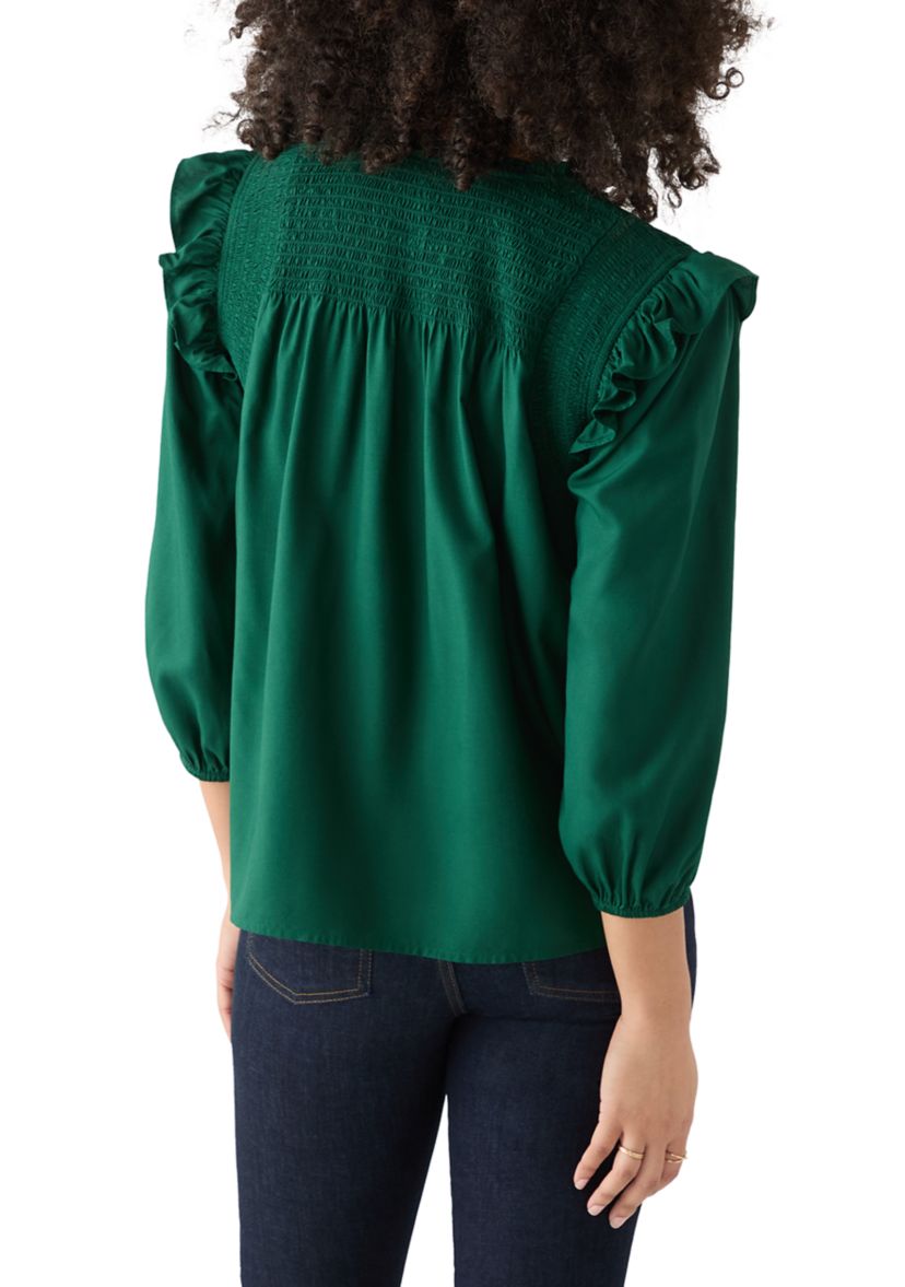 Womens 3/4 Ruffle Sleeve Smocked Split Neck Top