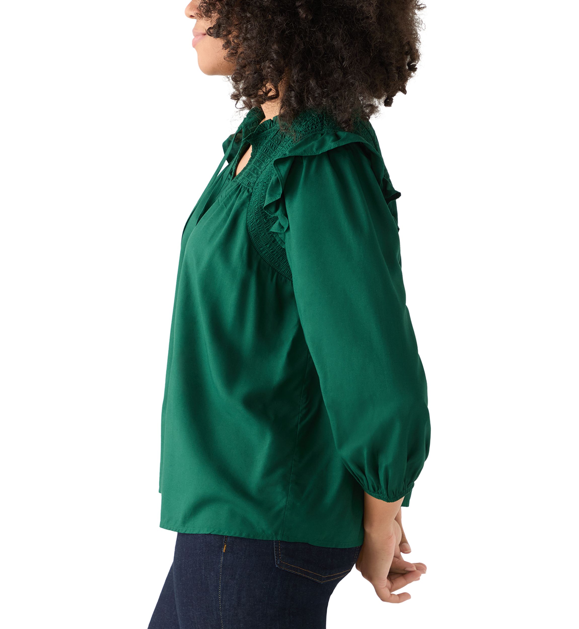 Womens 3/4 Ruffle Sleeve Smocked Split Neck Top