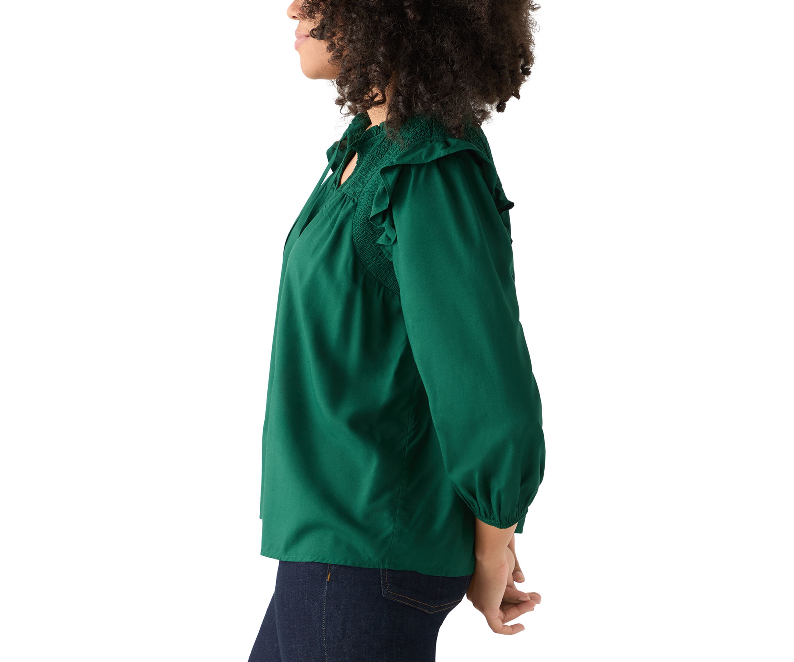 Womens 3/4 Ruffle Sleeve Smocked Split Neck Top