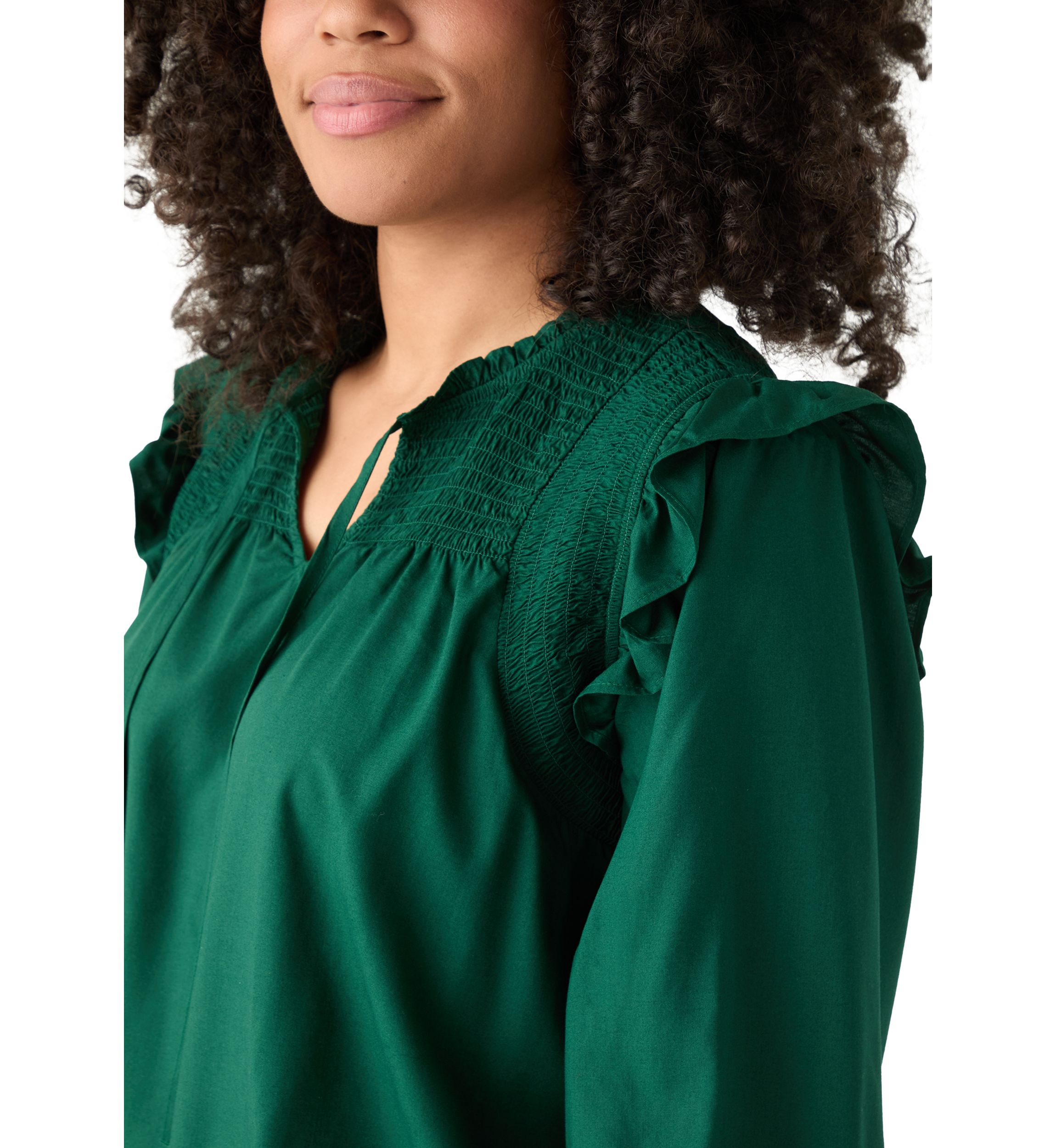 Womens 3/4 Ruffle Sleeve Smocked Split Neck Top
