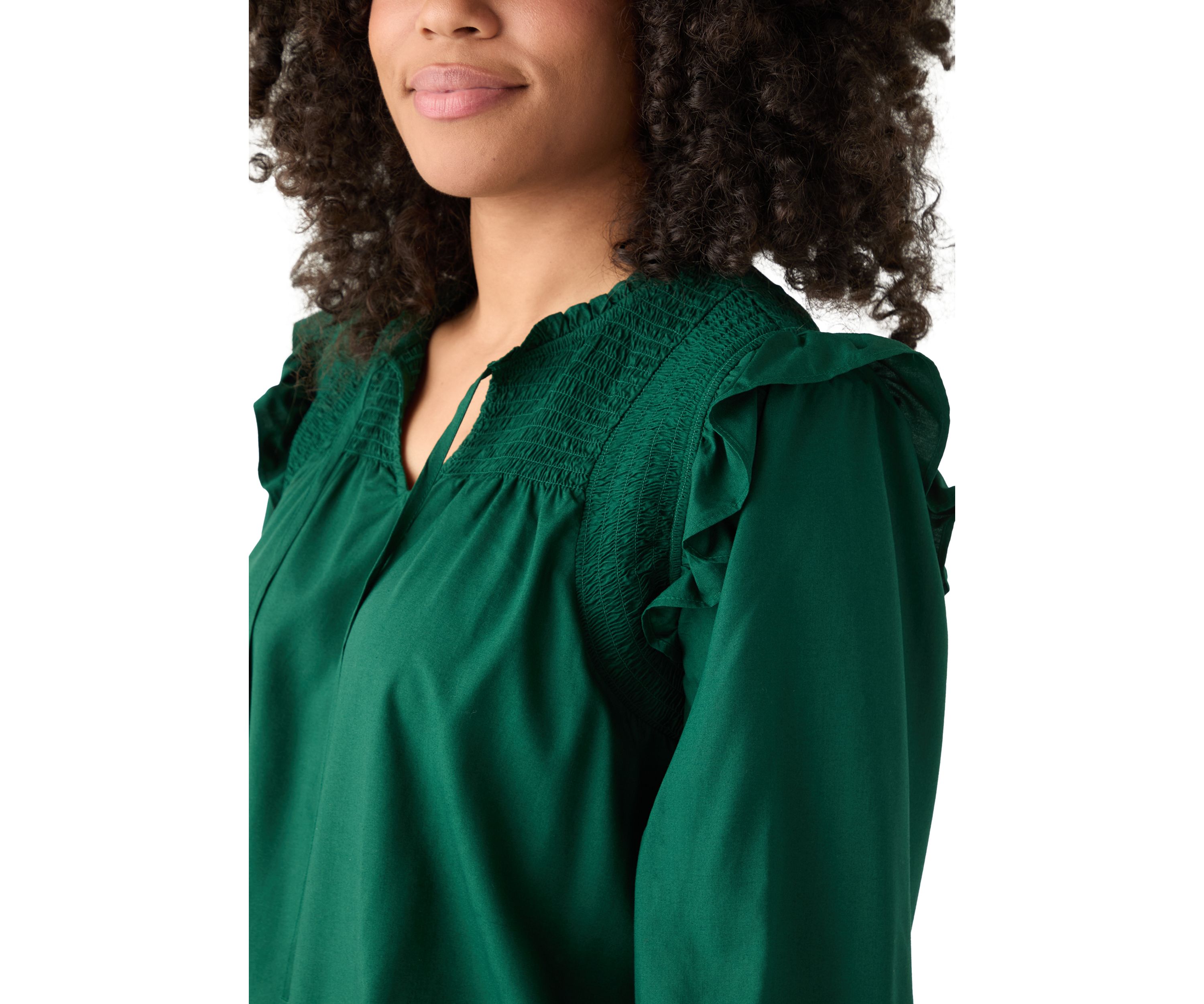 Womens 3/4 Ruffle Sleeve Smocked Split Neck Top