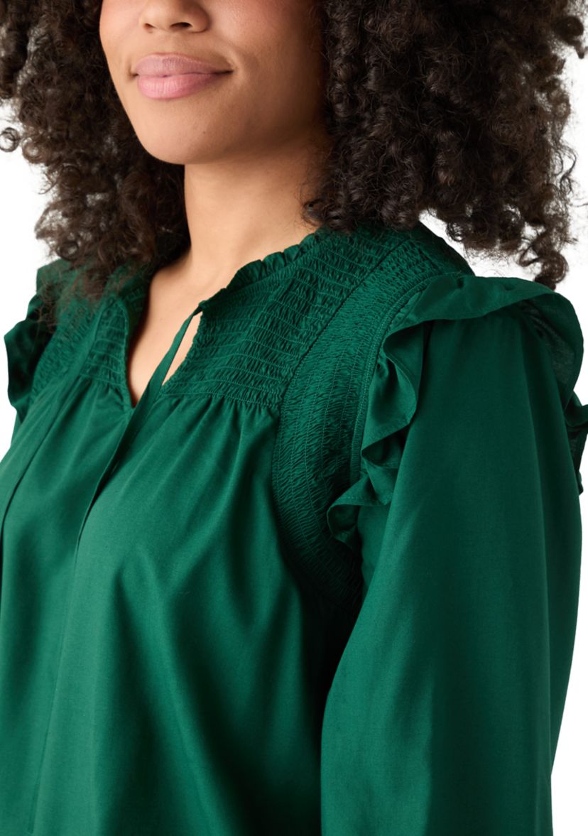 Womens 3/4 Ruffle Sleeve Smocked Split Neck Top