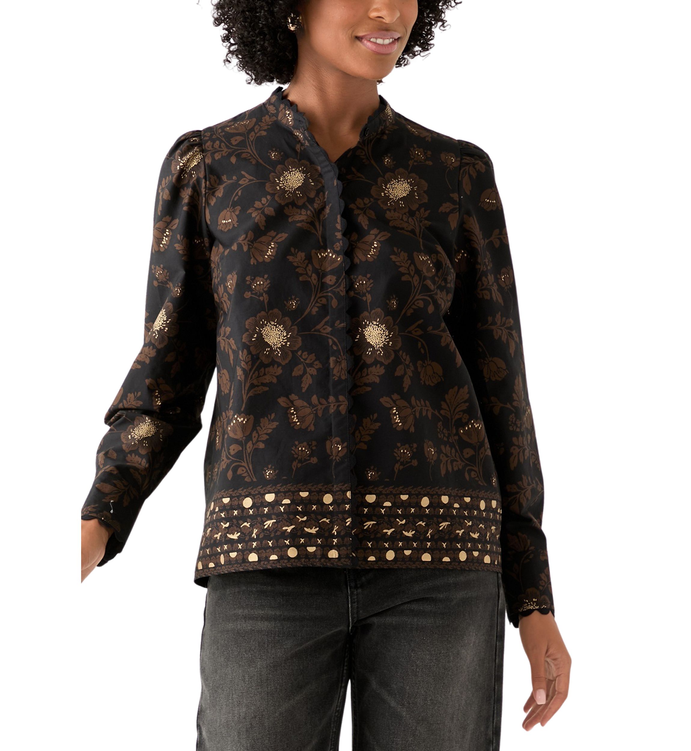 Womens Puff Sleeve Button Down Print Top