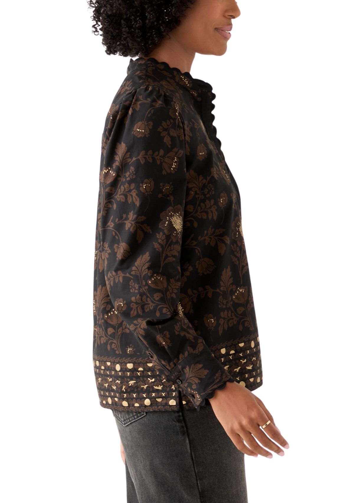 Womens Puff Sleeve Button Down Print Top