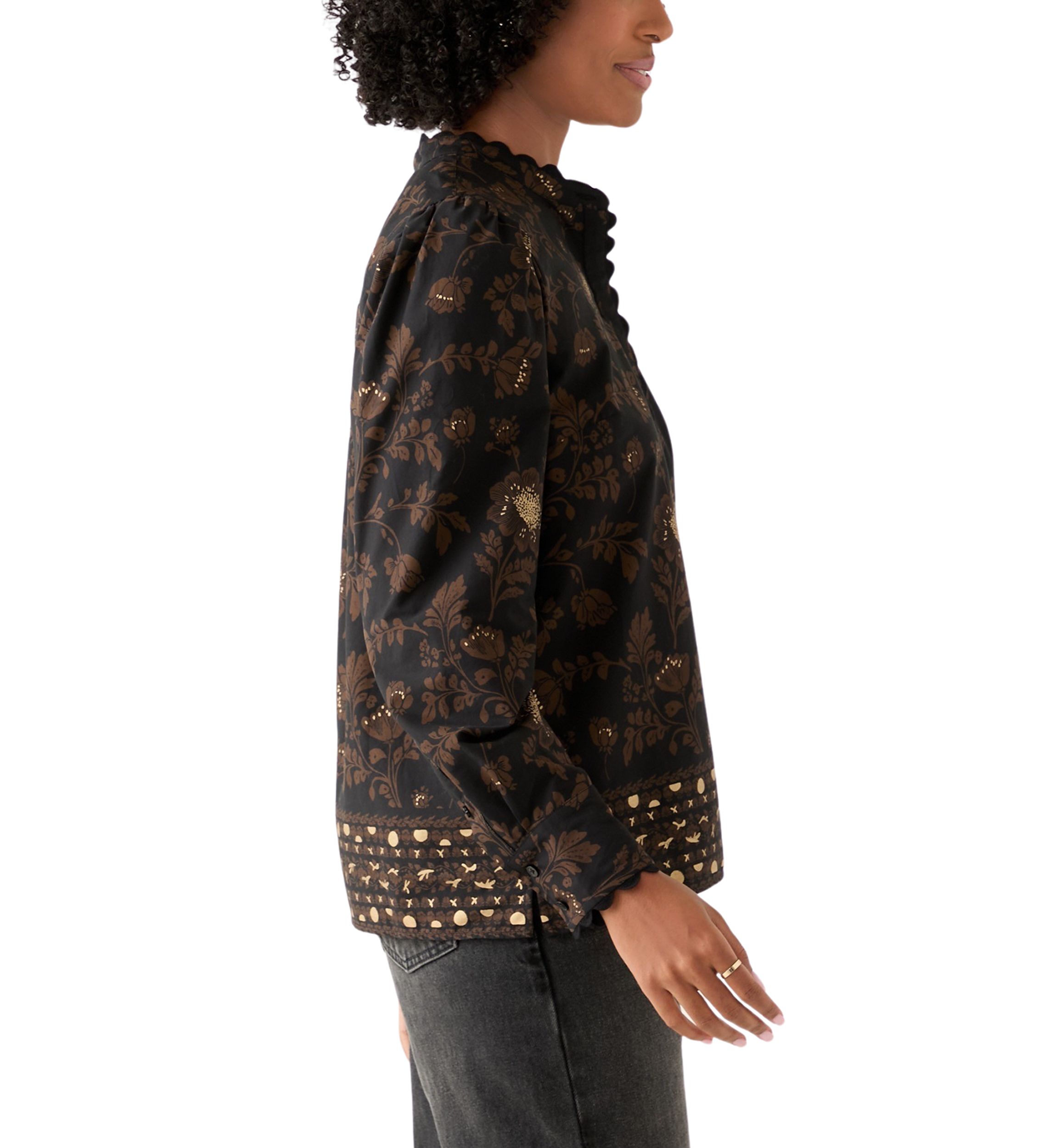 Womens Puff Sleeve Button Down Print Top