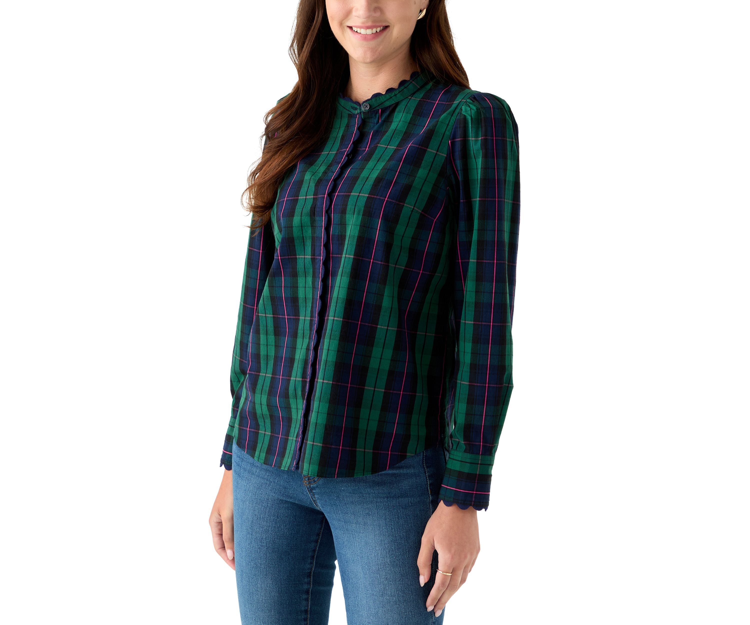 Womens Long Sleeve Puff Button-Down Top