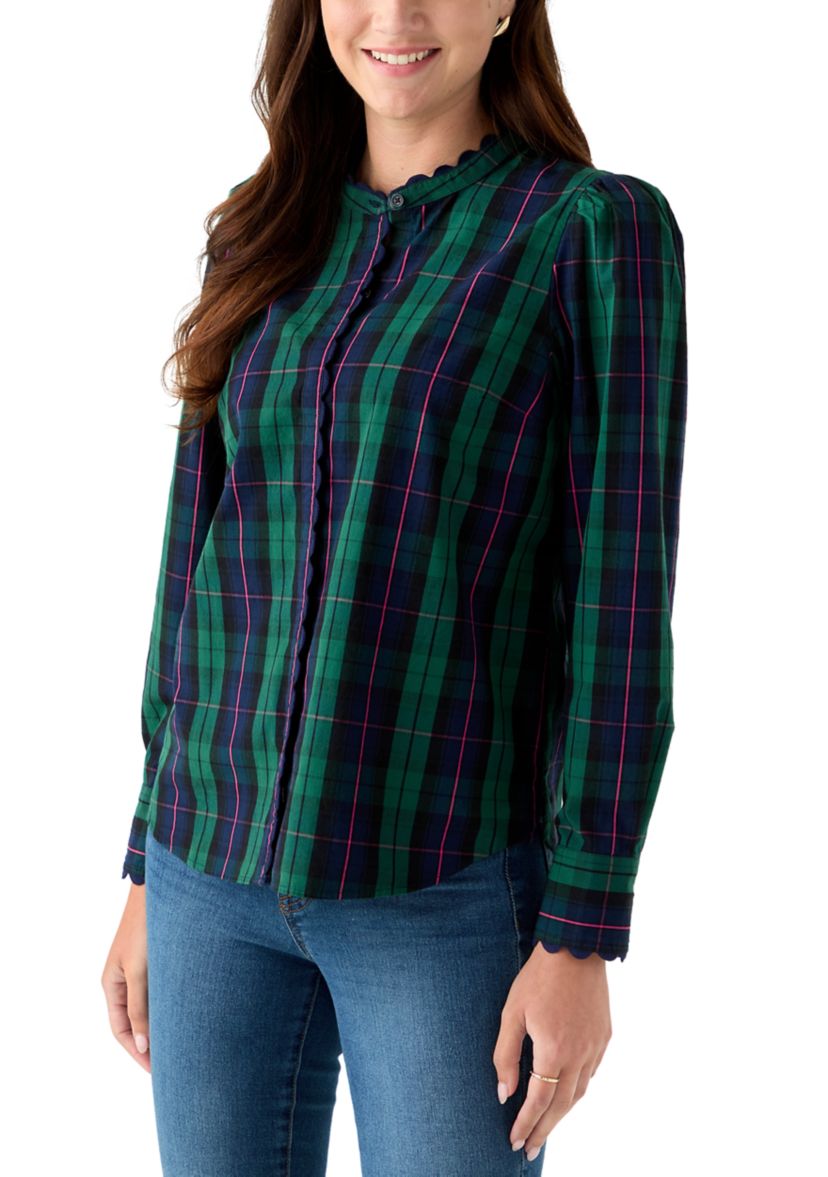 Womens Long Sleeve Puff Button-Down Top