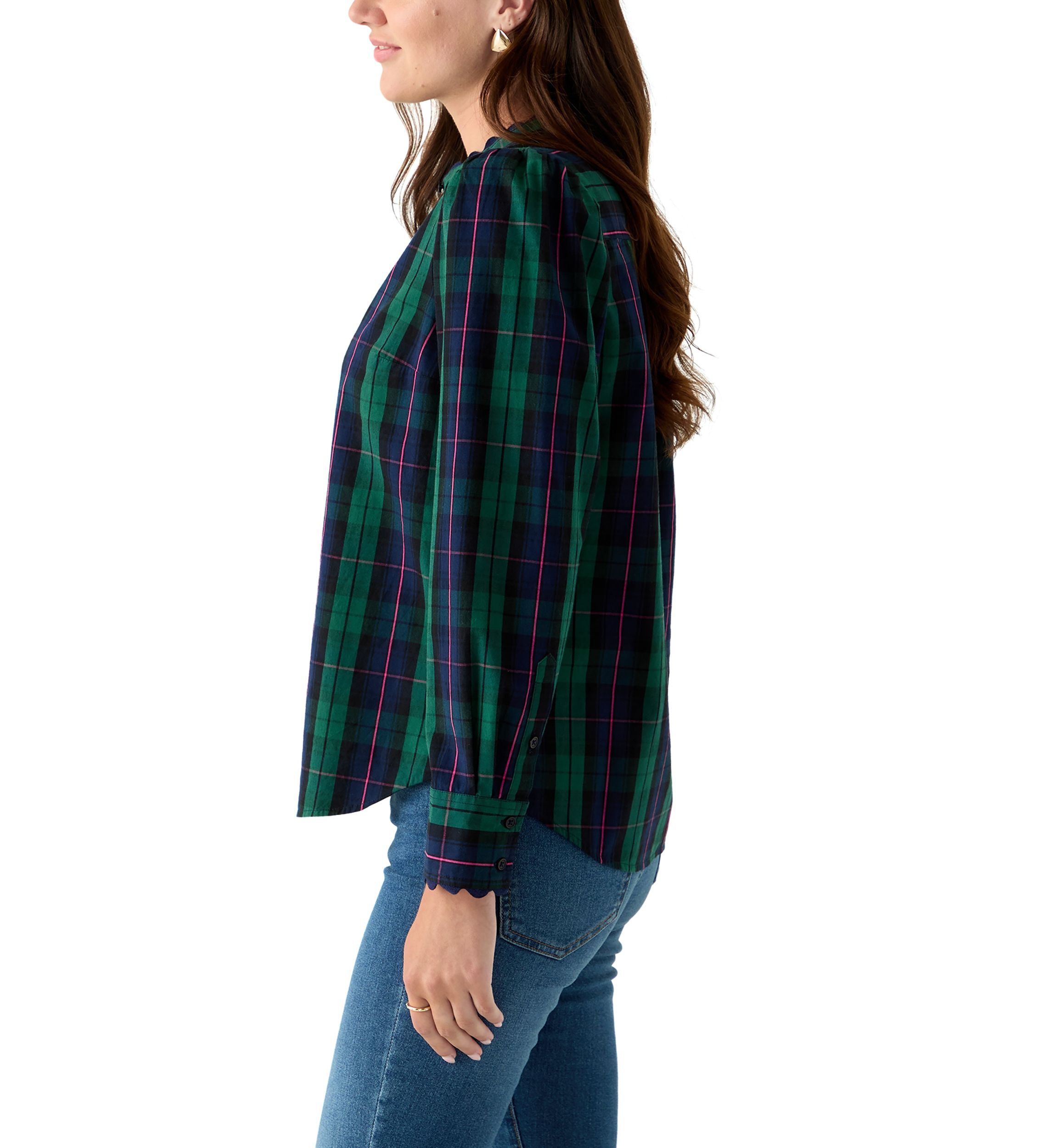 Womens Long Sleeve Puff Button-Down Top