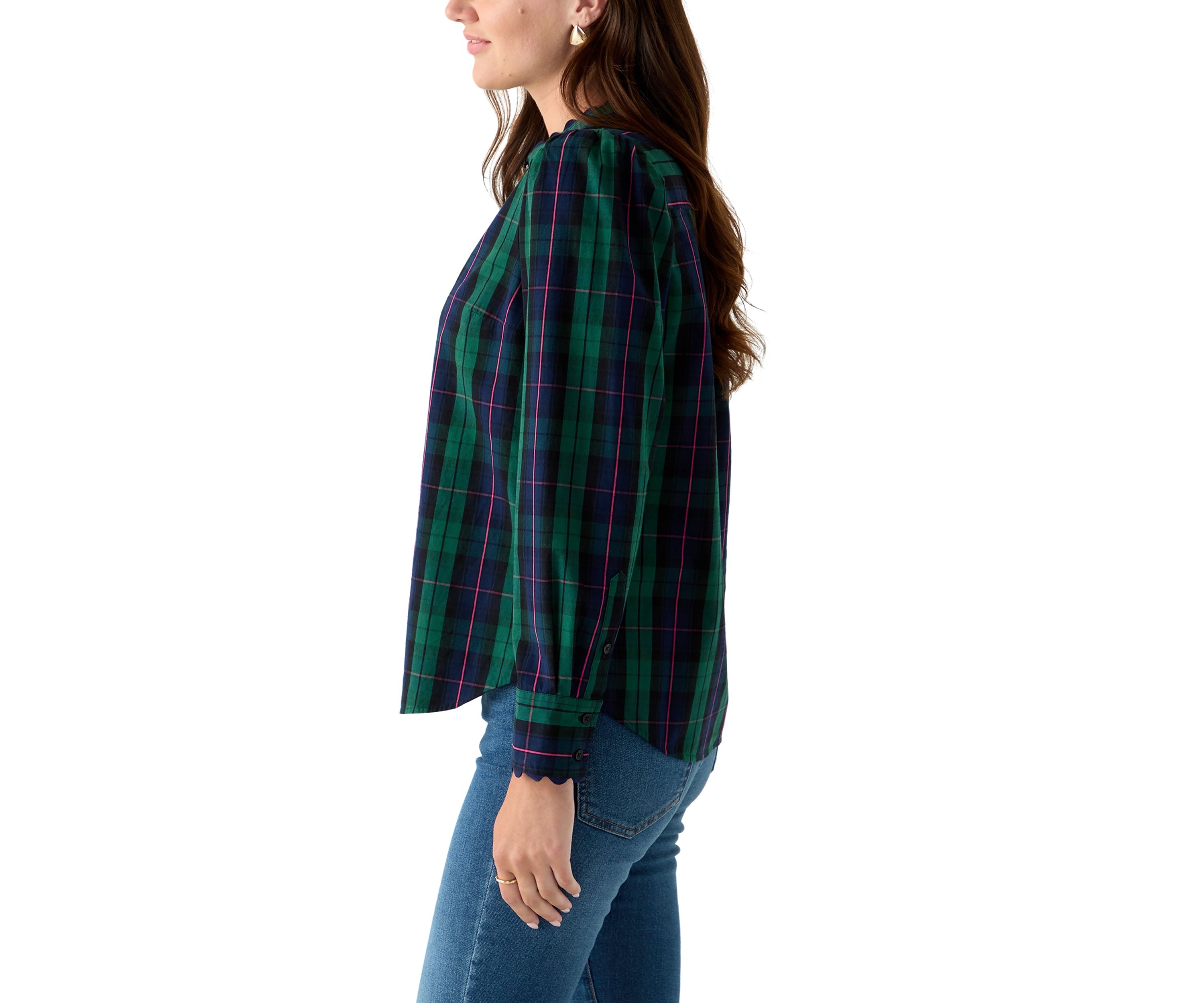 Womens Long Sleeve Puff Button-Down Top