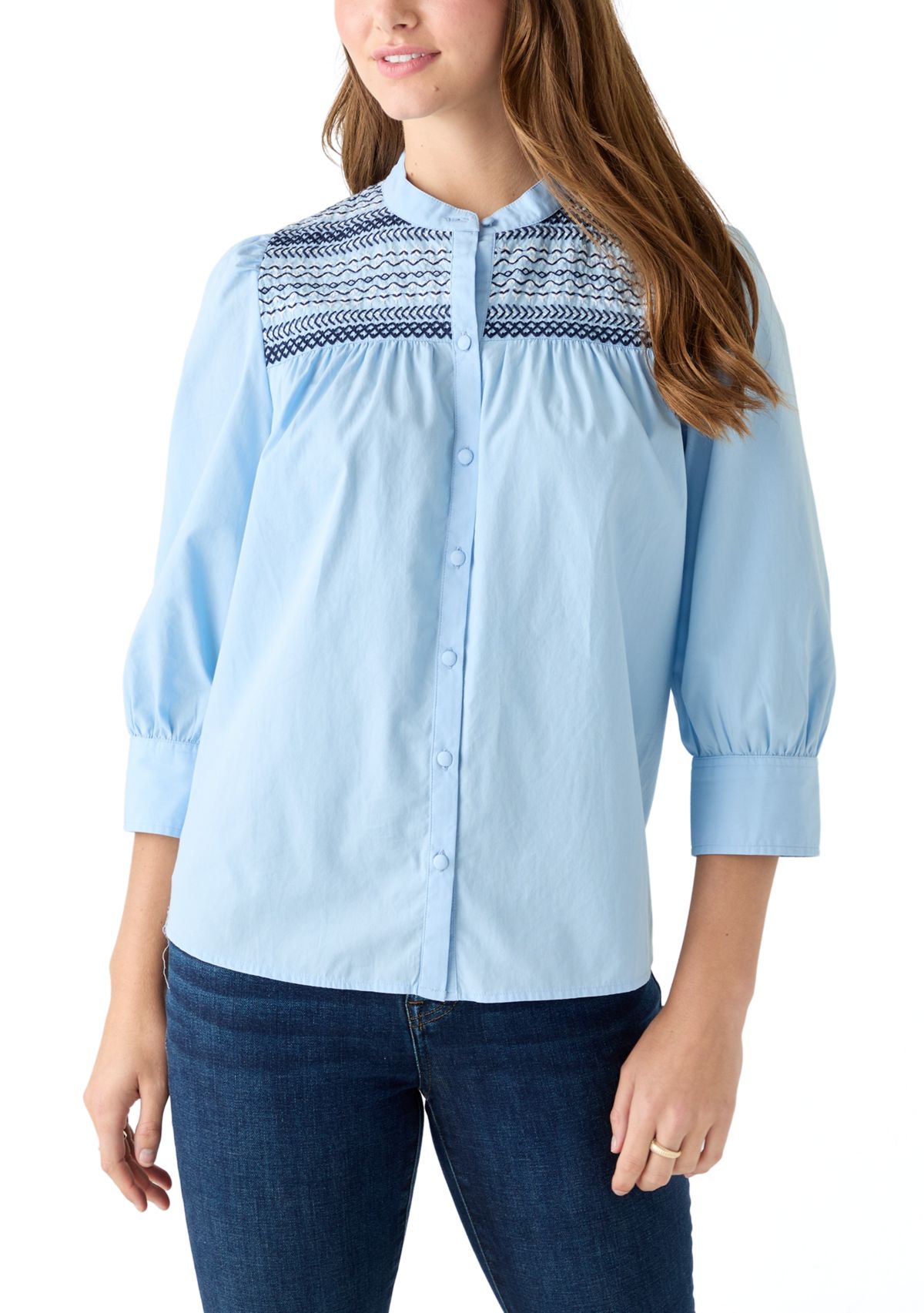  Womens 3/4 Sleeve Smocked Button Front Top