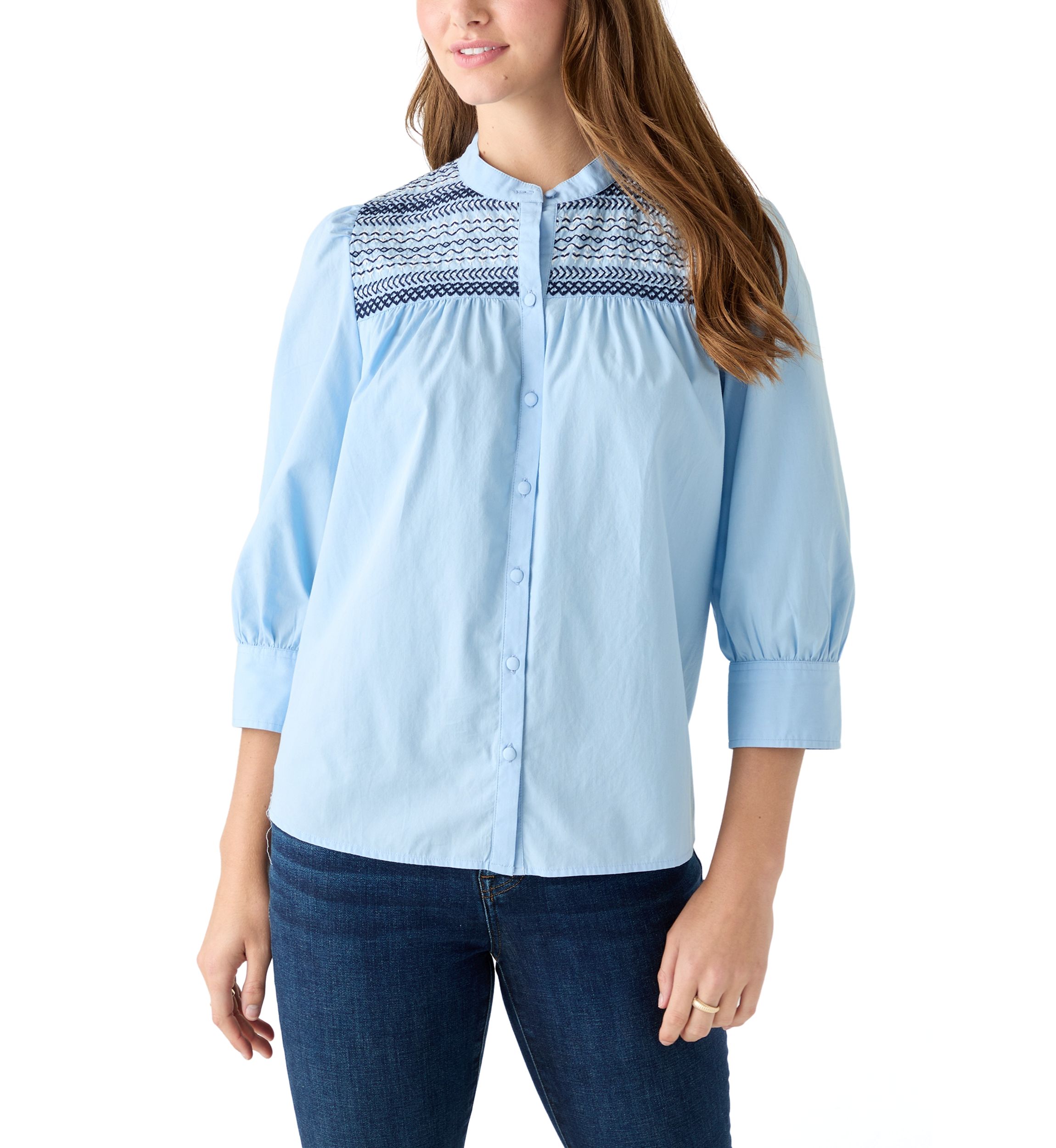  Womens 3/4 Sleeve Smocked Button Front Top