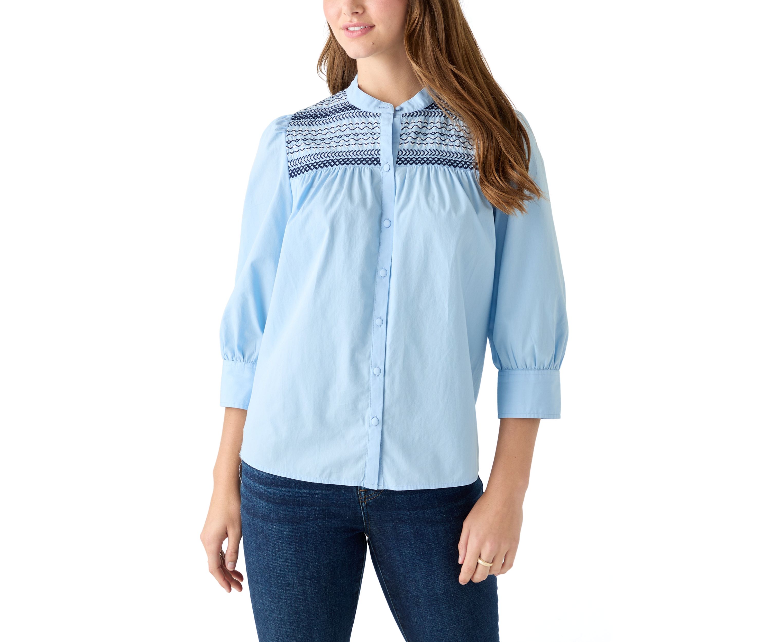  Womens 3/4 Sleeve Smocked Button Front Top